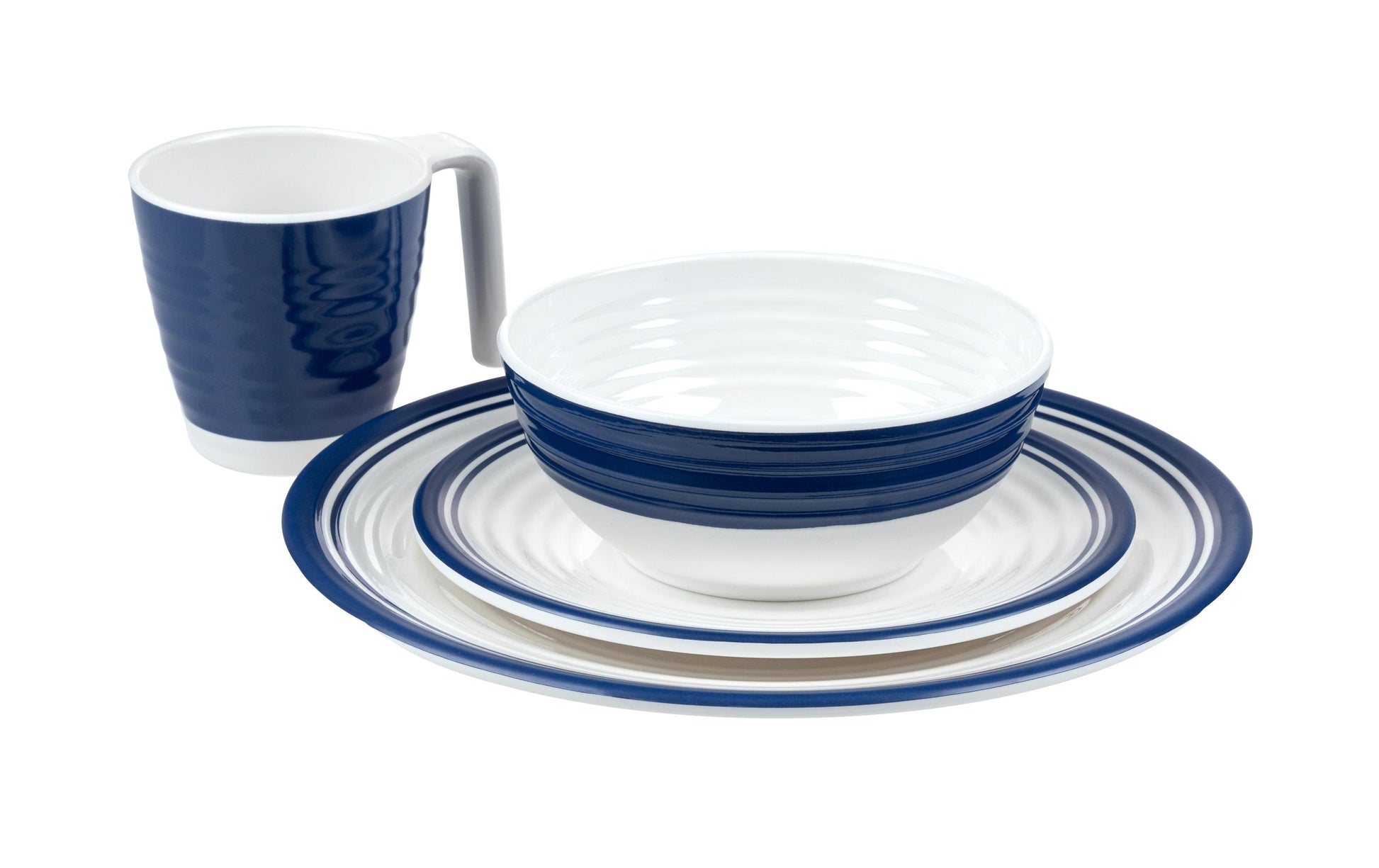 KOOR Geschirrset – 16-teiliges Set, Ø 26,5 cm, Melamin, Blau/Weiss, spülmaschinenfest, BPA-frei
