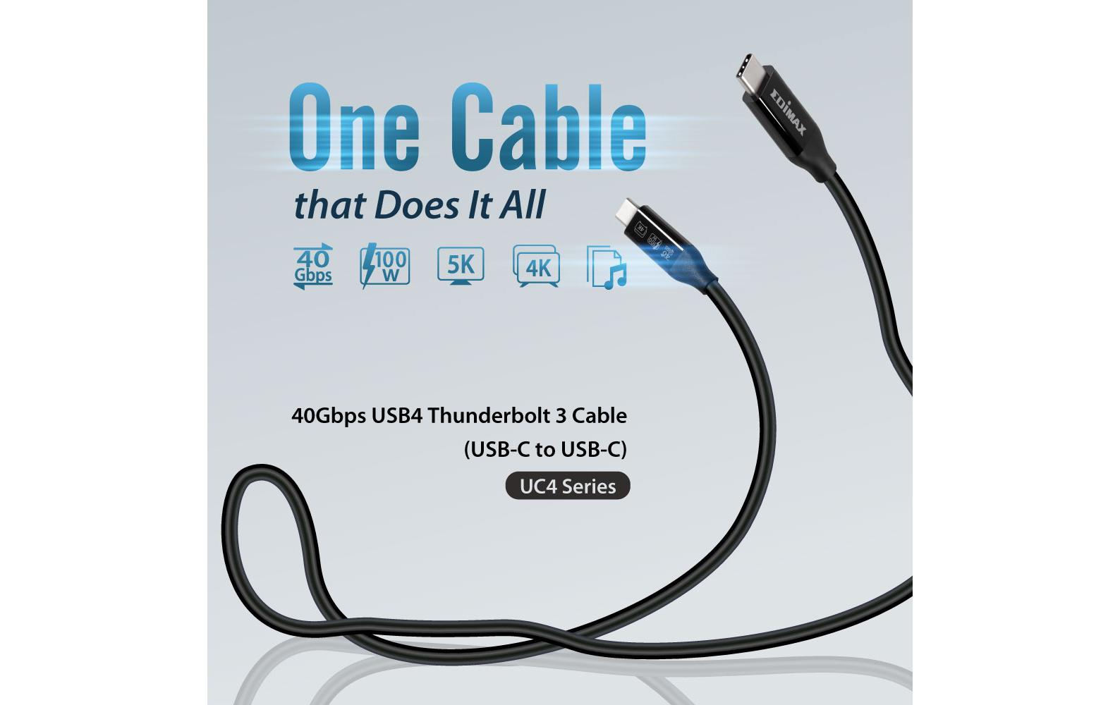 Edimax Thunderbolt 3 (USB-C) Kabel – 40 Gbit/s – 3 m – PD 240 W – DP Alt Mode – TPE-Mantel – Schwarz