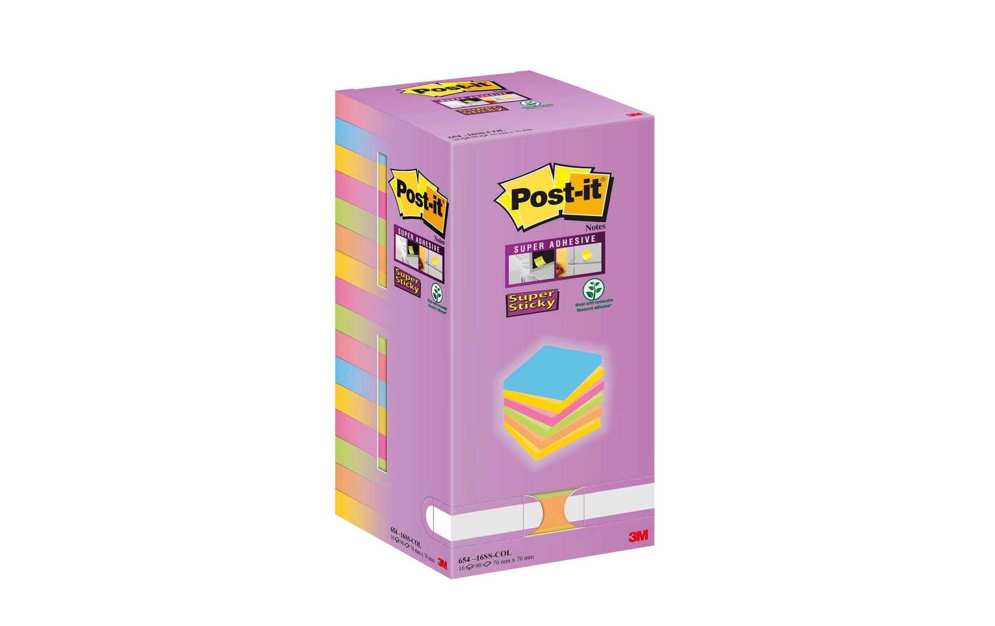 3M Post-it Haftnotizen Super Sticky – 76×76 mm – sortiert, 16×90 Blatt, PEFC