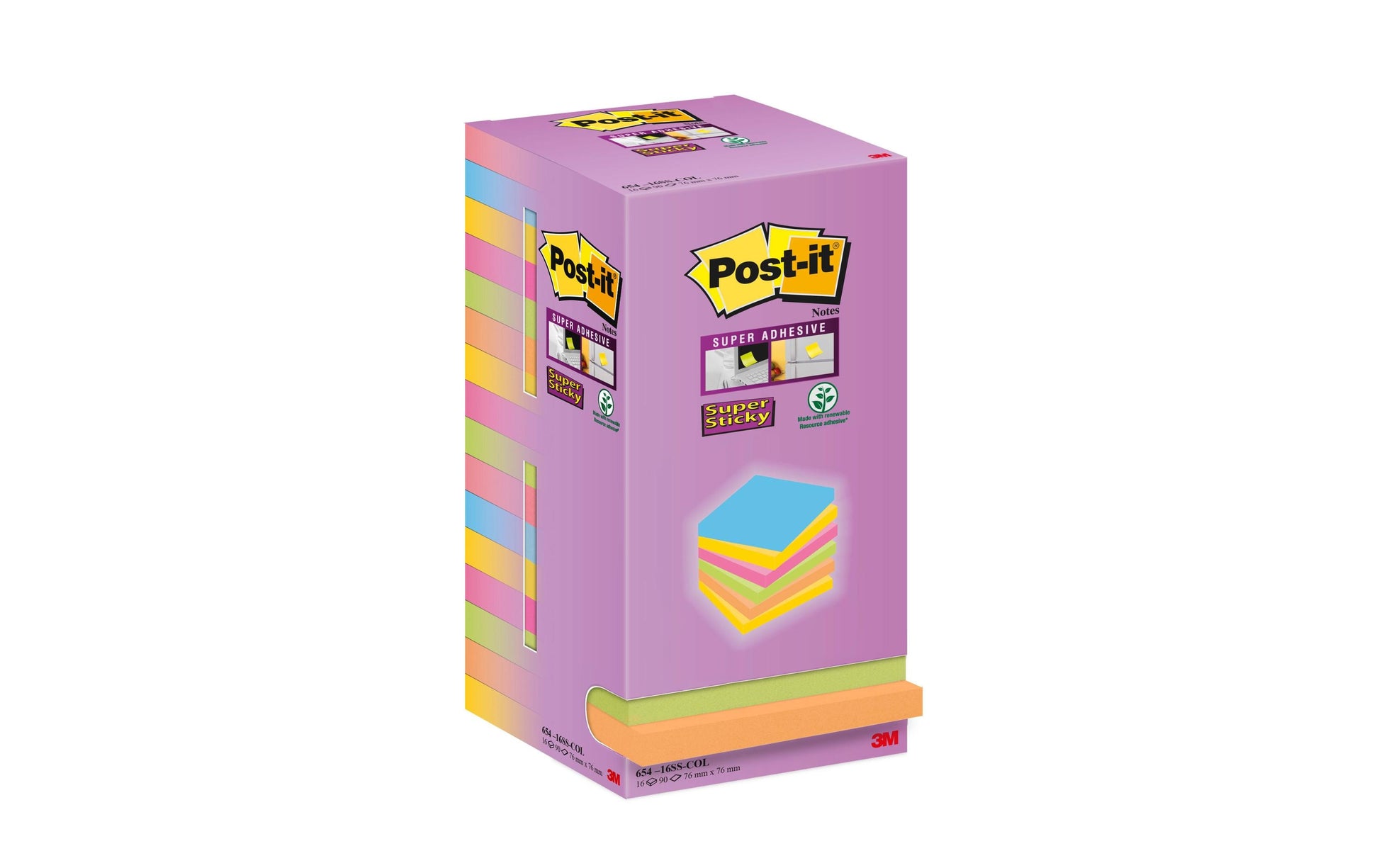 3M Post-it Haftnotizen Super Sticky – 76×76 mm – sortiert, 16×90 Blatt, PEFC