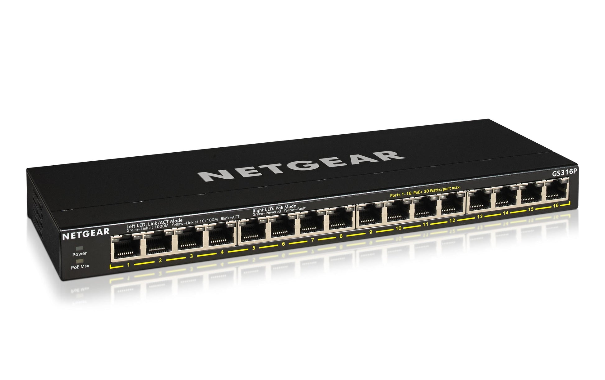 NETGEAR GS316P – Unmanaged Switch – 16× 1G, PoE+, Desktop