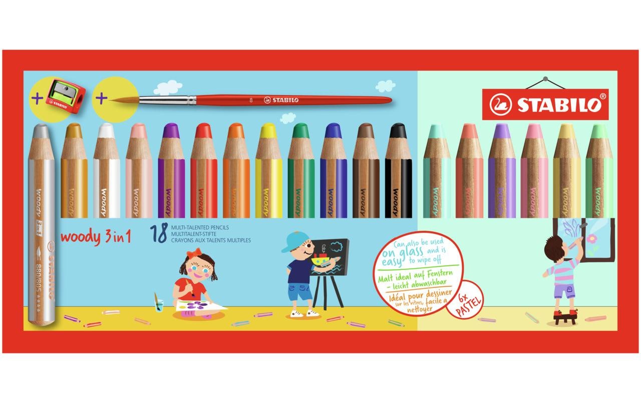 STABILO 3-in-1 Farbstifte woody – 18 Pastellfarben, im Kartonetui, mit Spitzer und Pinsel, Ø 4,2 mm, PEFC