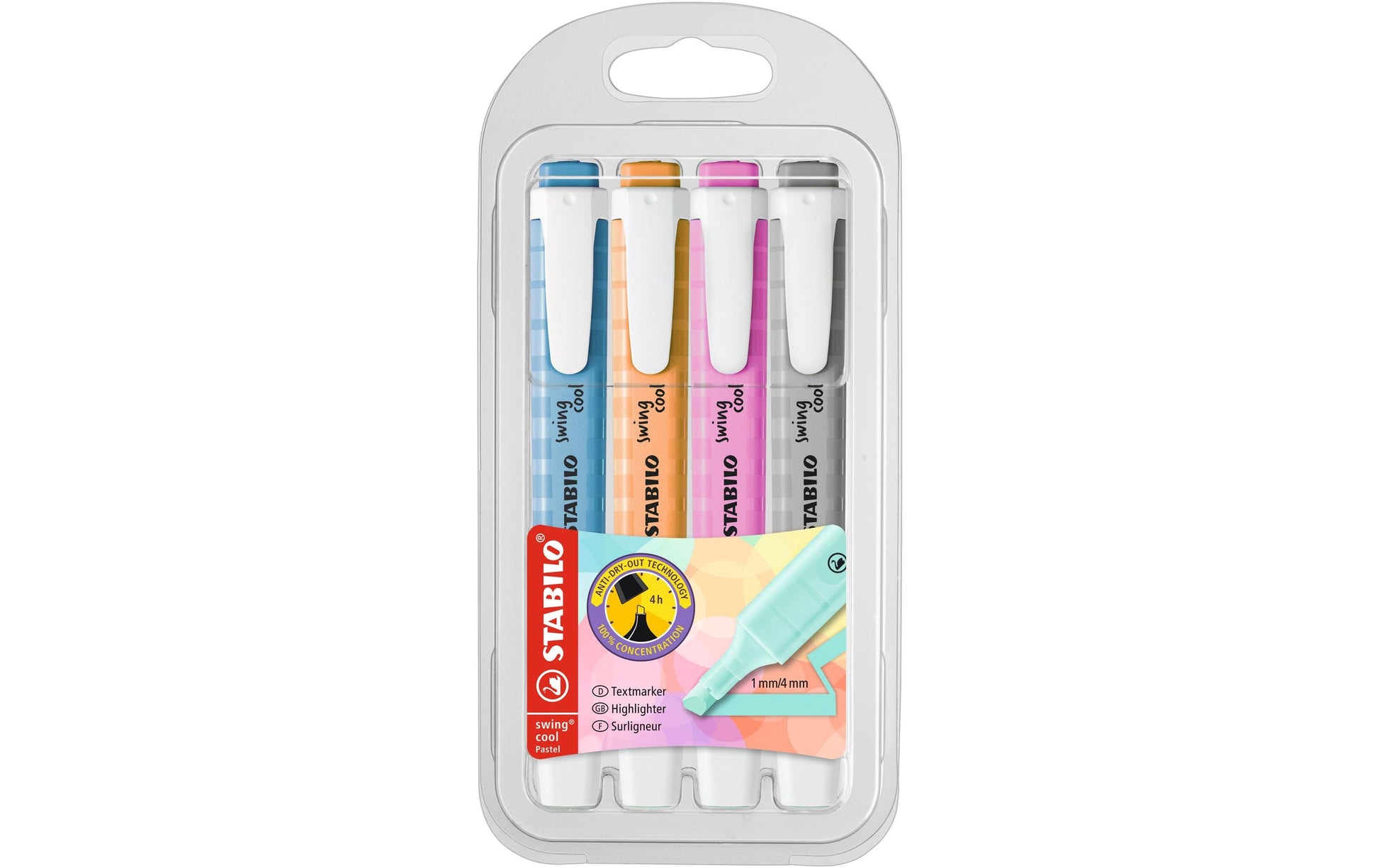 STABILO swing cool Pastel Edition Textmarker Set 4 Farben Pastell – Keilspitze, 1–4 mm
