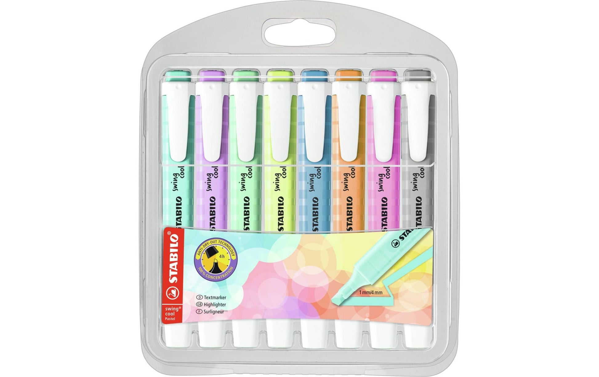 STABILO swing cool Textmarker Set 8 Pastellfarben – Keilspitze, 1–4 mm