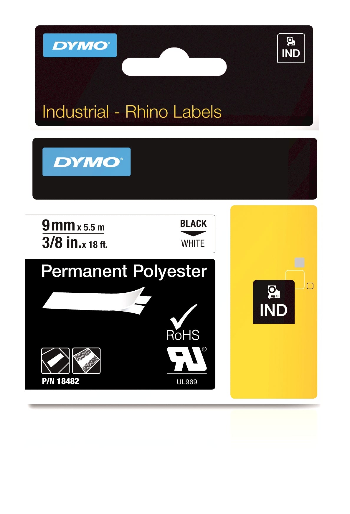 DYMO Rhino ID2 Schriftband – schwarz auf weiss – 9 mm × 5,5 m, Polyester – für DYMO Rhino