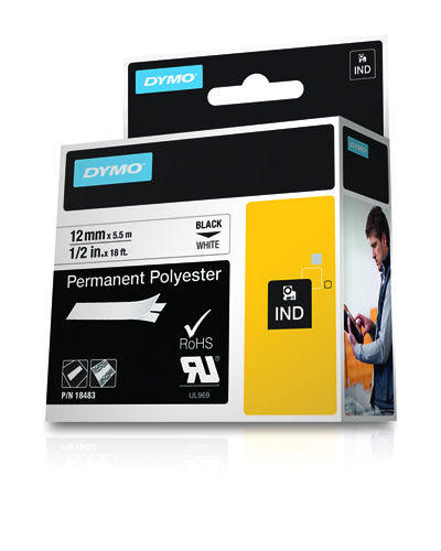 DYMO Textilband – 12 mm × 5,5 m, weiss, schwarz – für DYMO Rhino: 3000, 4200, 5000 und weitere