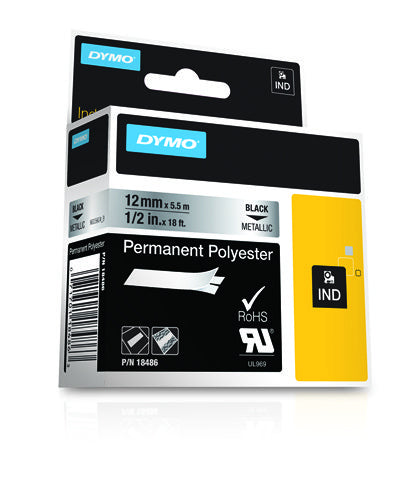 DYMO Textilband – 12 mm × 5,5 m, silber, schwarz – für DYMO Rhino 3000, 4200, 5000 und weitere
