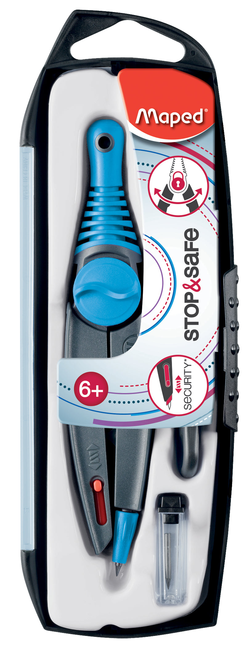Maped Stop & Safe Zirkel-Set – 10-teilig, inkl. Minendose und Schenkelblockierung, farbig sortiert