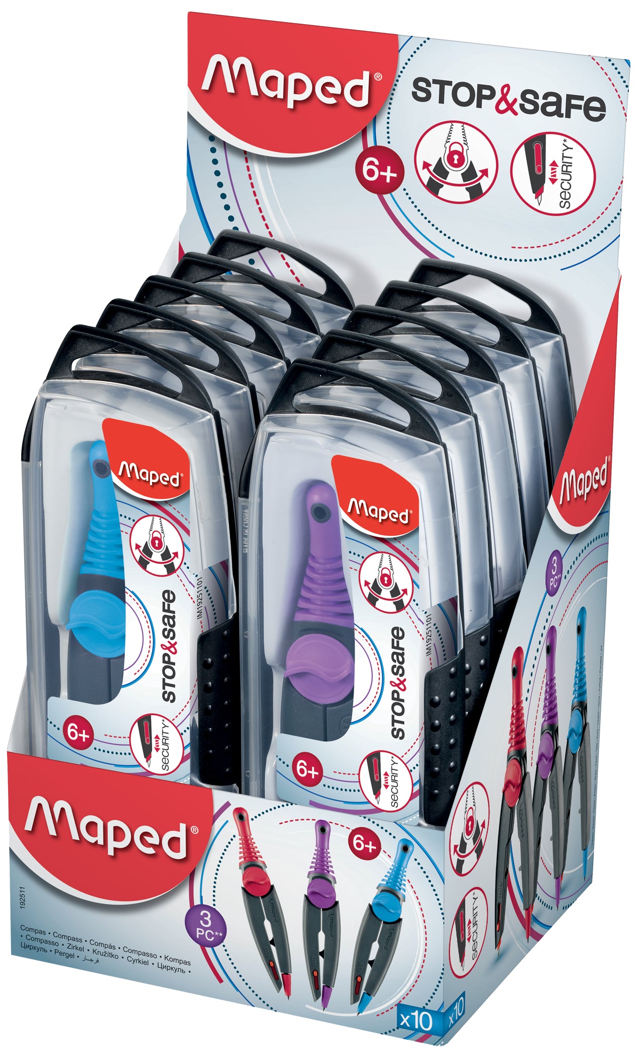 Maped Stop & Safe Zirkel-Set – 10-teilig, inkl. Minendose und Schenkelblockierung, farbig sortiert