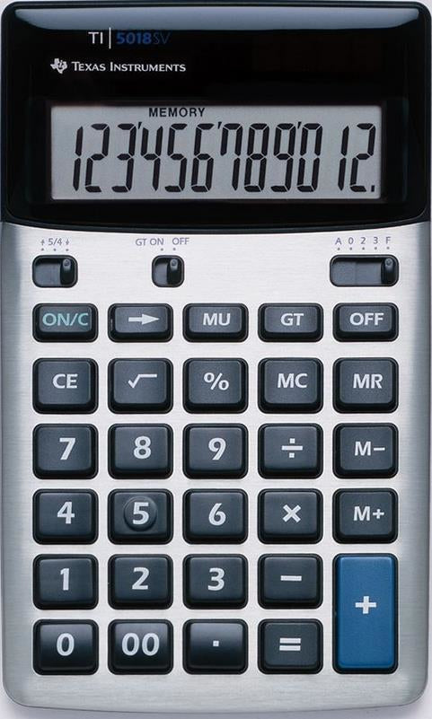 Texas Instruments Taschenrechner 5018 SV – 12-stellig, LCD, Steuer/Prozent, Solar + Batterie, grau