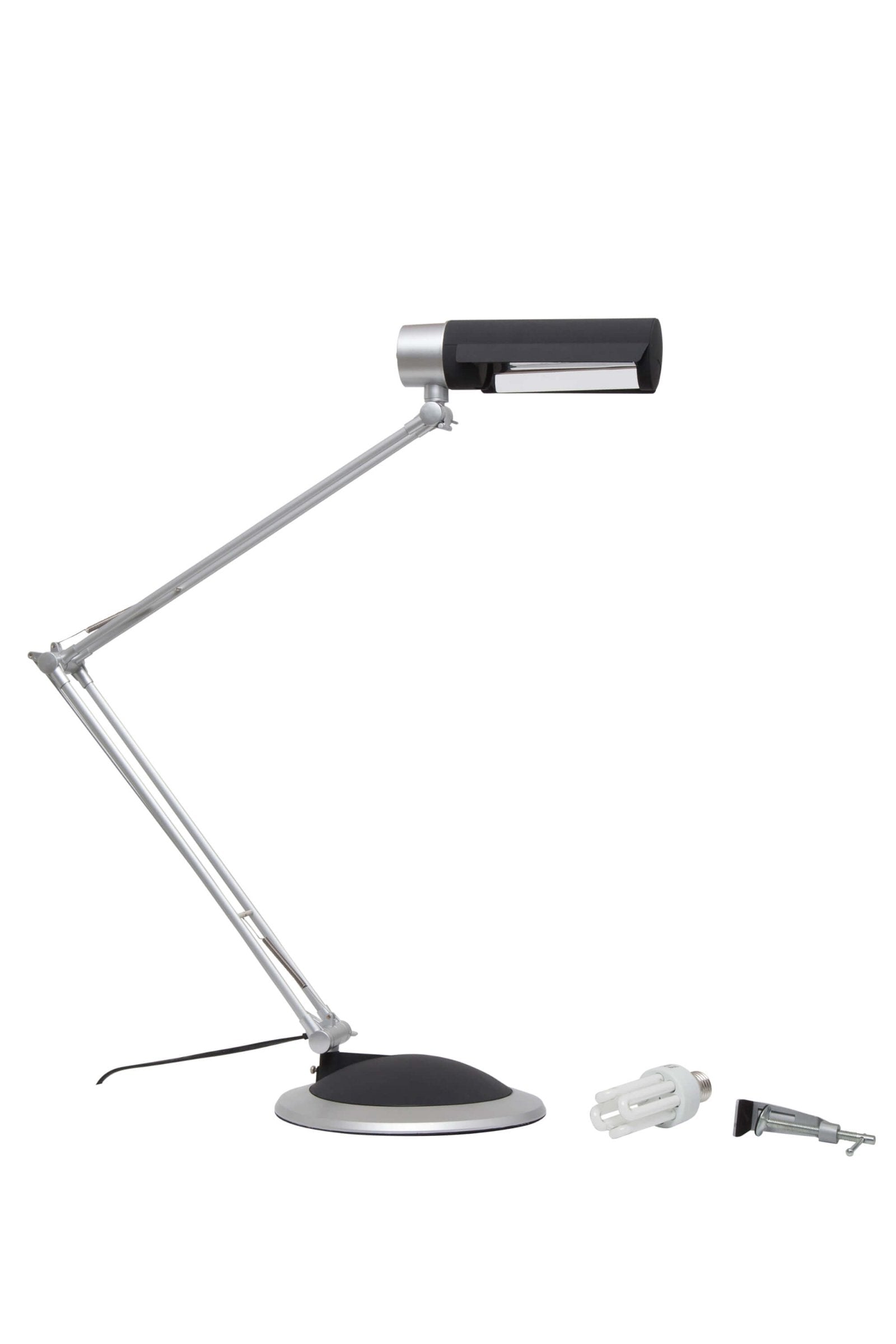 MAUL Tischleuchte Energiesparlampe E27 – Klemmfuss, drehbar & neigbar – 3’000 K – 1’160 lm 12 W – Silber