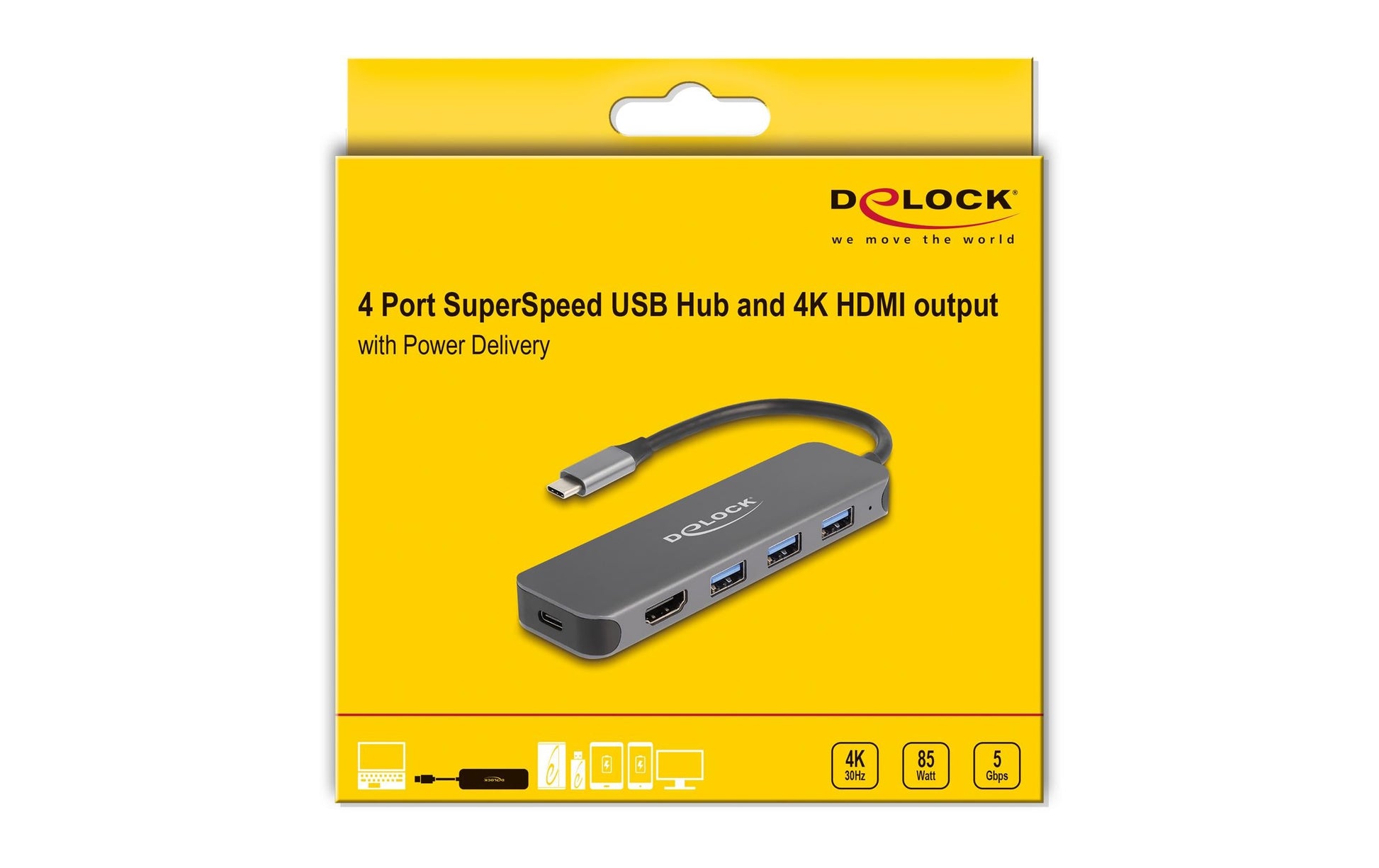 DeLOCK 64171 Multiport-Adapter – USB-C, 1× HDMI, 3× USB-A, 85 W PD, für Windows/Linux/Android