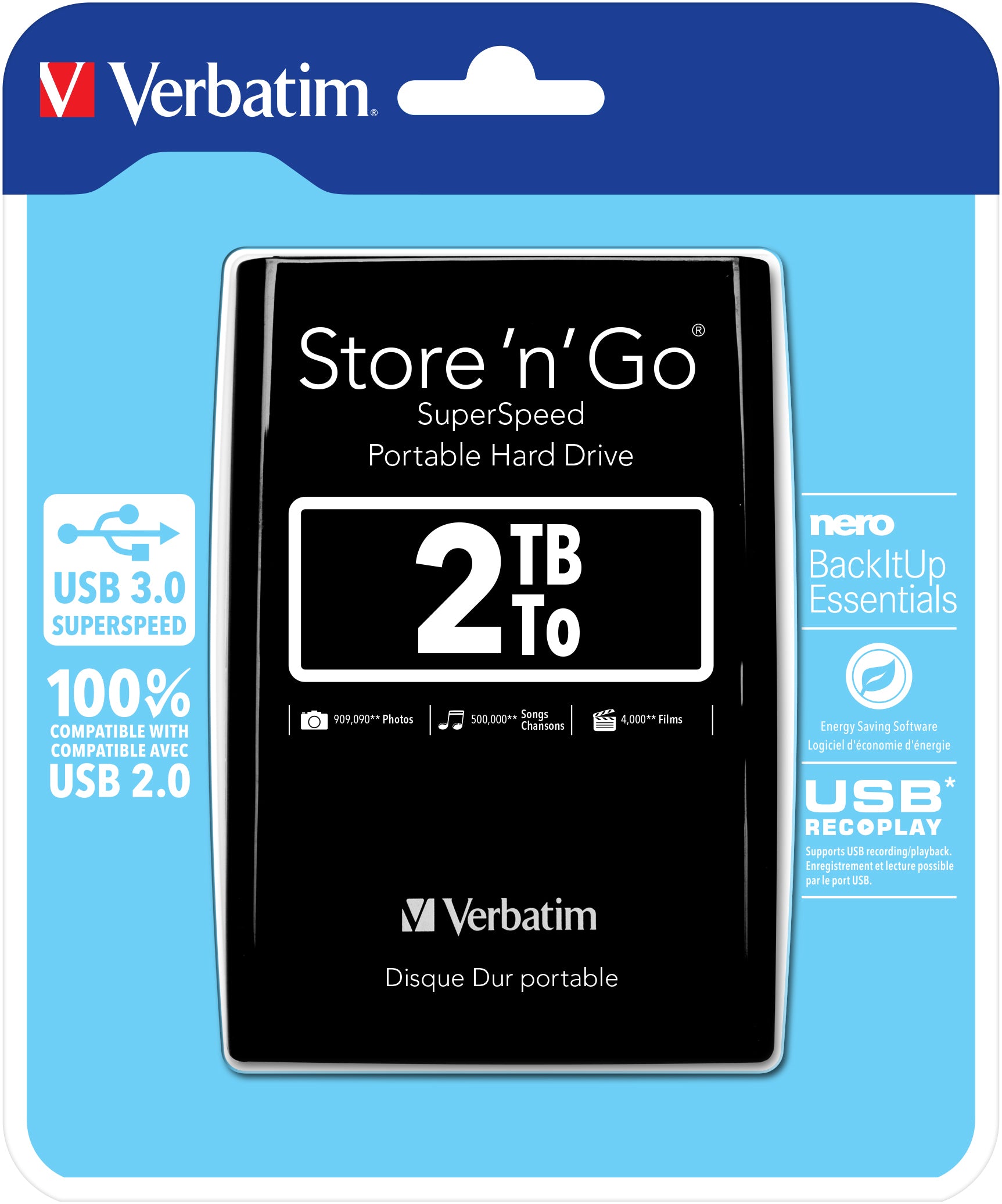 Verbatim Store 'n' Go 2.5 2 TB – 2,5" HDD, USB 3.2 Gen 1 (Micro-B), Schwarz