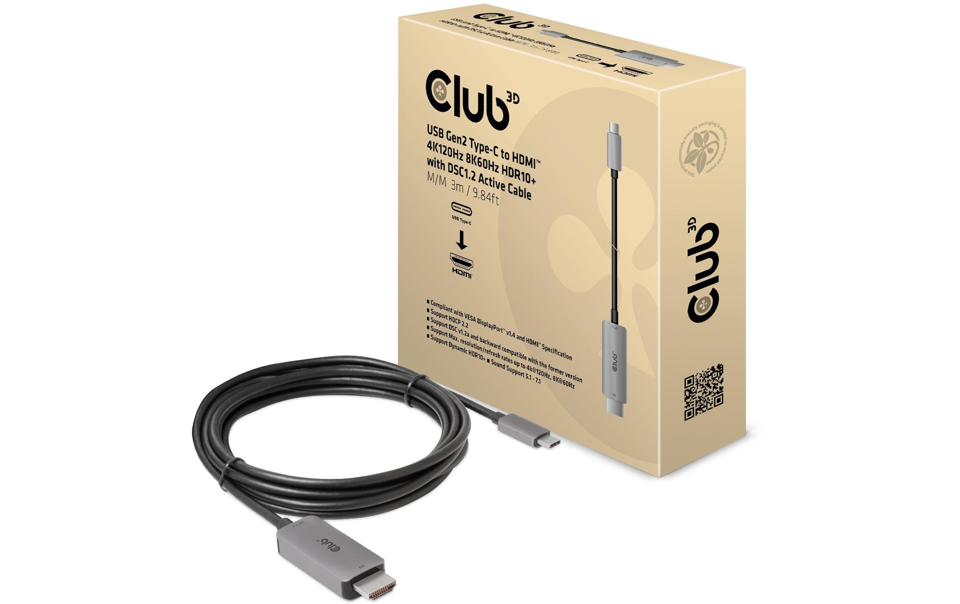 CLUB3D Club 3D USB-C zu HDMI Kabel – 8K (7680 × 4320) @ 60 Hz, 4K @ 120 Hz – DP Alt Mode 1.4, 3 m