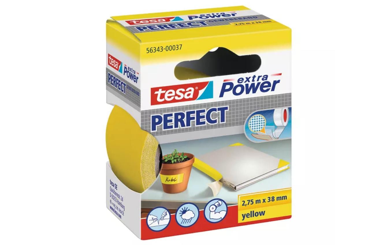 tesa Gewebeband Extra Power Perfect – 38 mm × 2,75 m, gelb, stark