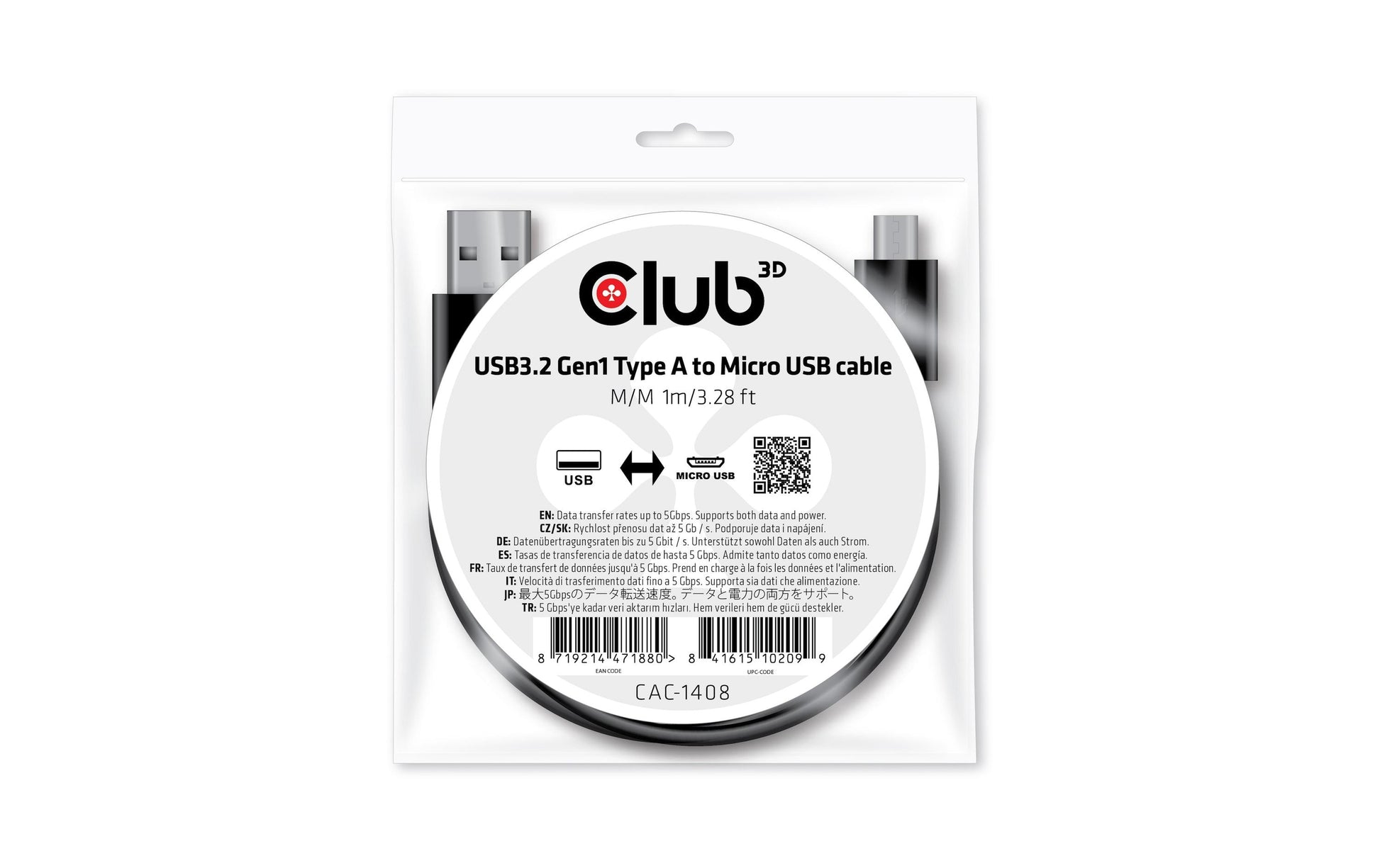 CLUB3D Club 3D – USB-A auf Micro-USB-B Kabel – USB 3.2 Gen 1 (5 Gbit/s) – 1 m – Schwarz