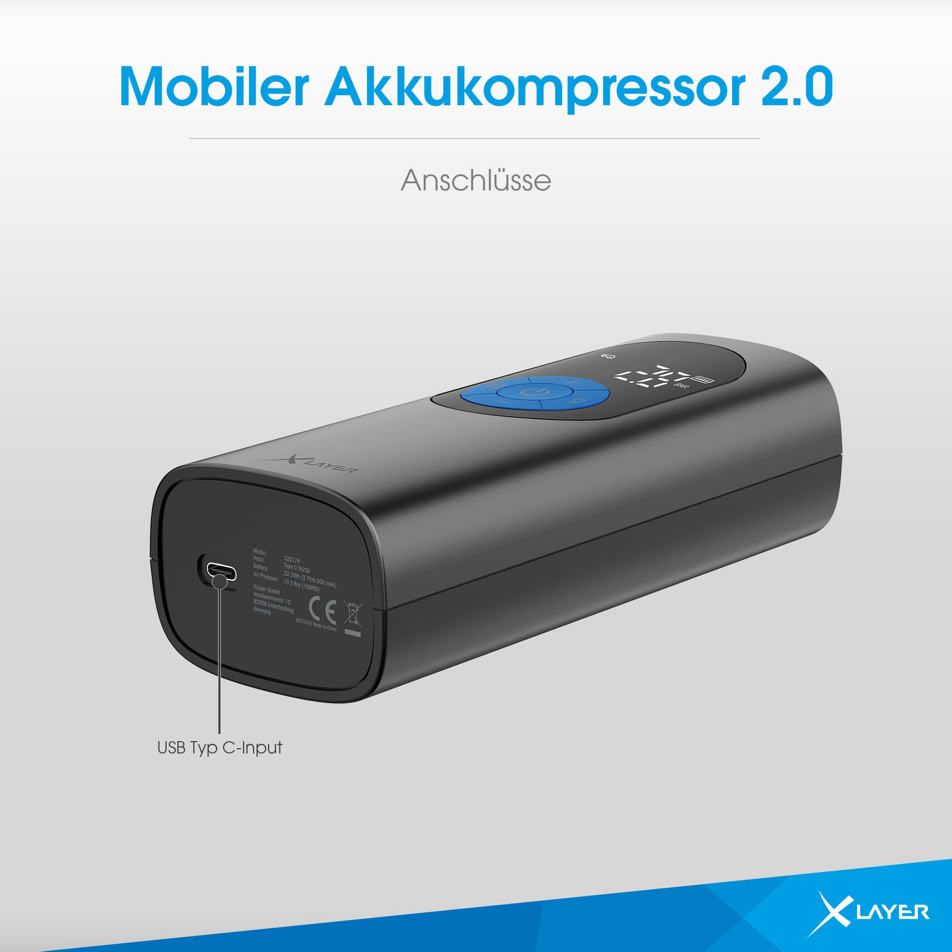 Xlayer Mobile Akkukompressor 2.0 Akku-Luftkompressor – 10,3 bar – 6 Ah – USB-C – inkl. Adapter