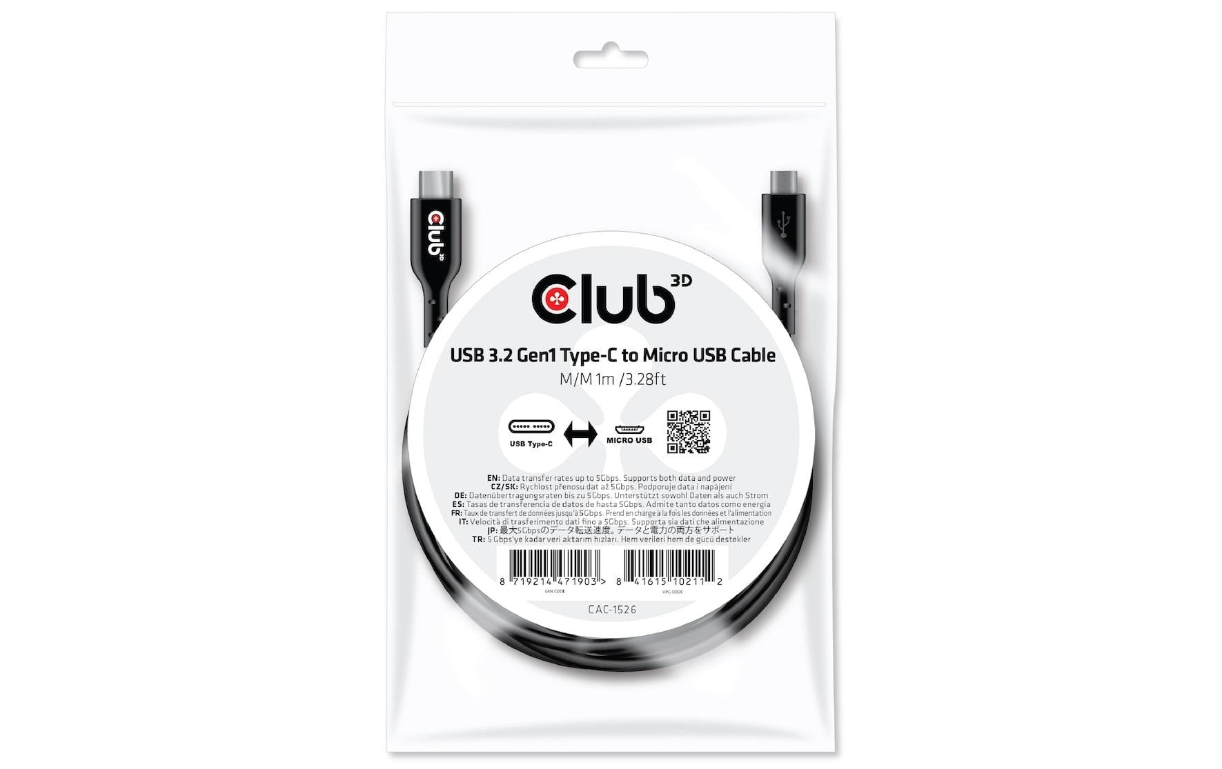 CLUB3D Club 3D – USB-C auf Micro-USB-B Kabel – USB 3.2 Gen 1 (5 Gbit/s) – 1 m – Schwarz