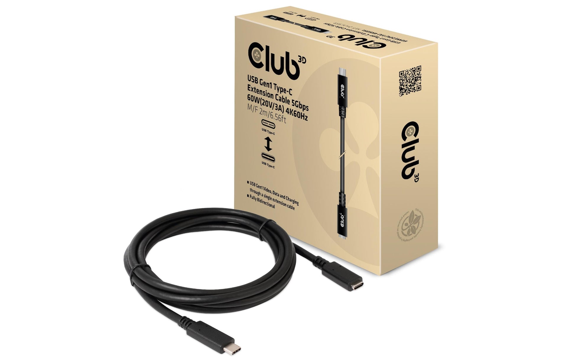 CLUB3D Club 3D – USB-C Verlängerungskabel (Stecker auf Buchse) – USB 3.2 Gen 1 (5 Gbit/s) – 2 m – PD 60 W – Schwarz