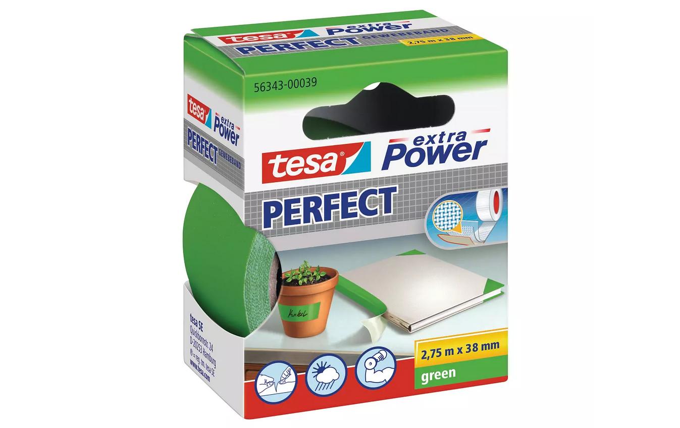 TESA Gewebeband Extra Power Perfect – permanent, strukturiert, 38 mm × 2,75 m, grün, Kern Ø 26 mm