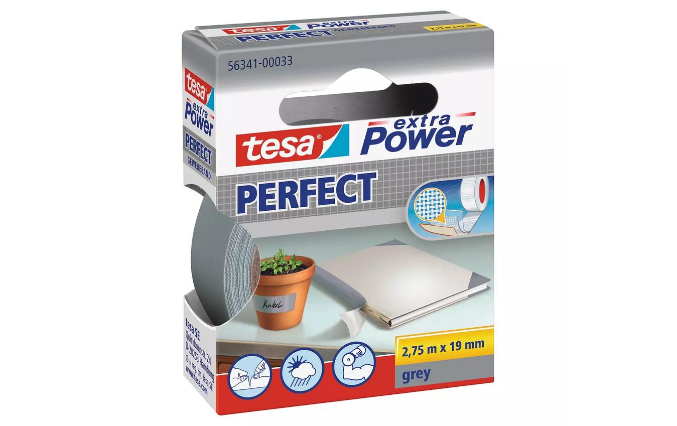 tesa Gewebeband extra Power Perfect – 19 mm × 2,75 m, grau, stark