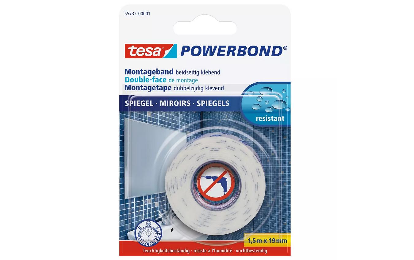 Tesa Montageband Powerbond, extra stark, für Spiegel – 19 mm × 1,5 m, weiss, bis 5 kg/10 cm