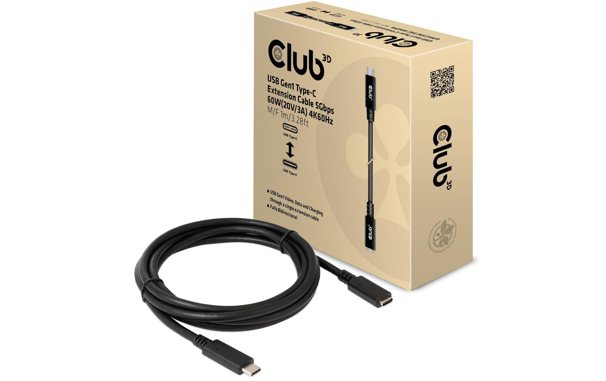 CLUB3D Club 3D – USB-C Verlängerungskabel (Stecker auf Buchse) – USB 3.2 Gen 1 (5 Gbit/s) – 1 m – Schwarz