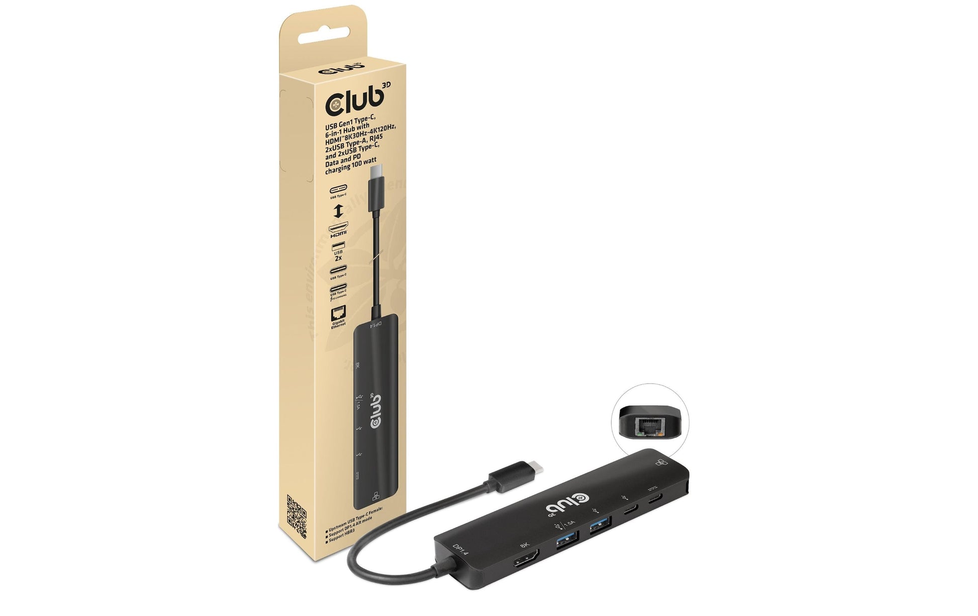 CLUB3D Club 3D Multiport-Adapter – USB-C, 1× HDMI, 2× USB-A, 100 W PD, GbE, für Windows/Mac