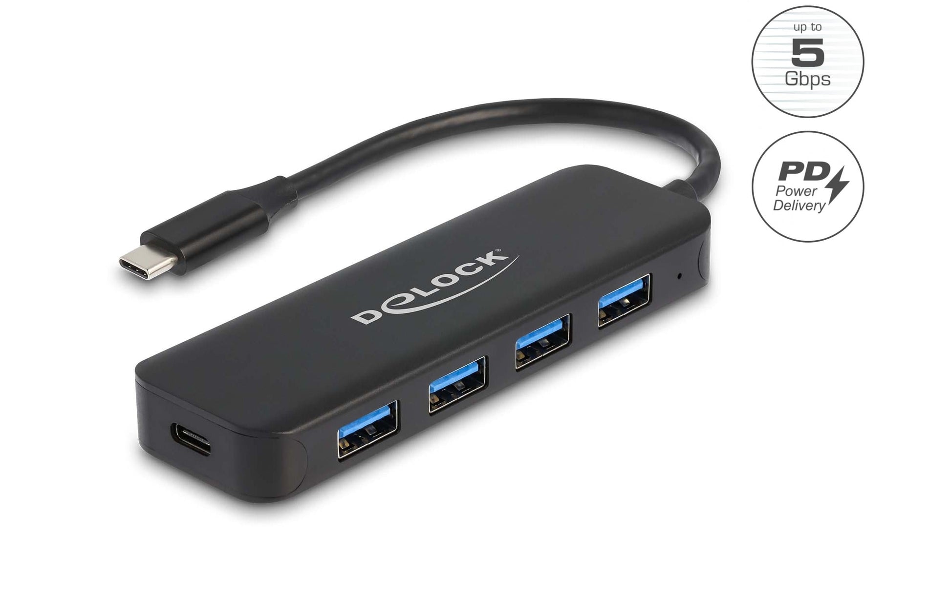 DeLOCK 64170 USB-Hub – USB-C, 4× USB-A, 85 W PD, für Windows/Mac/Linux