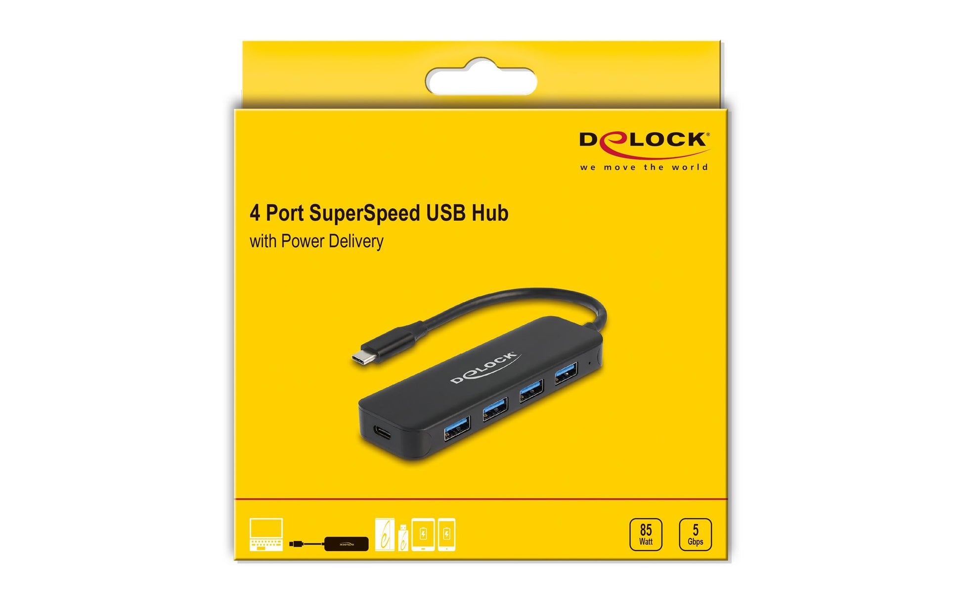 DeLOCK 64170 USB-Hub – USB-C, 4× USB-A, 85 W PD, für Windows/Mac/Linux