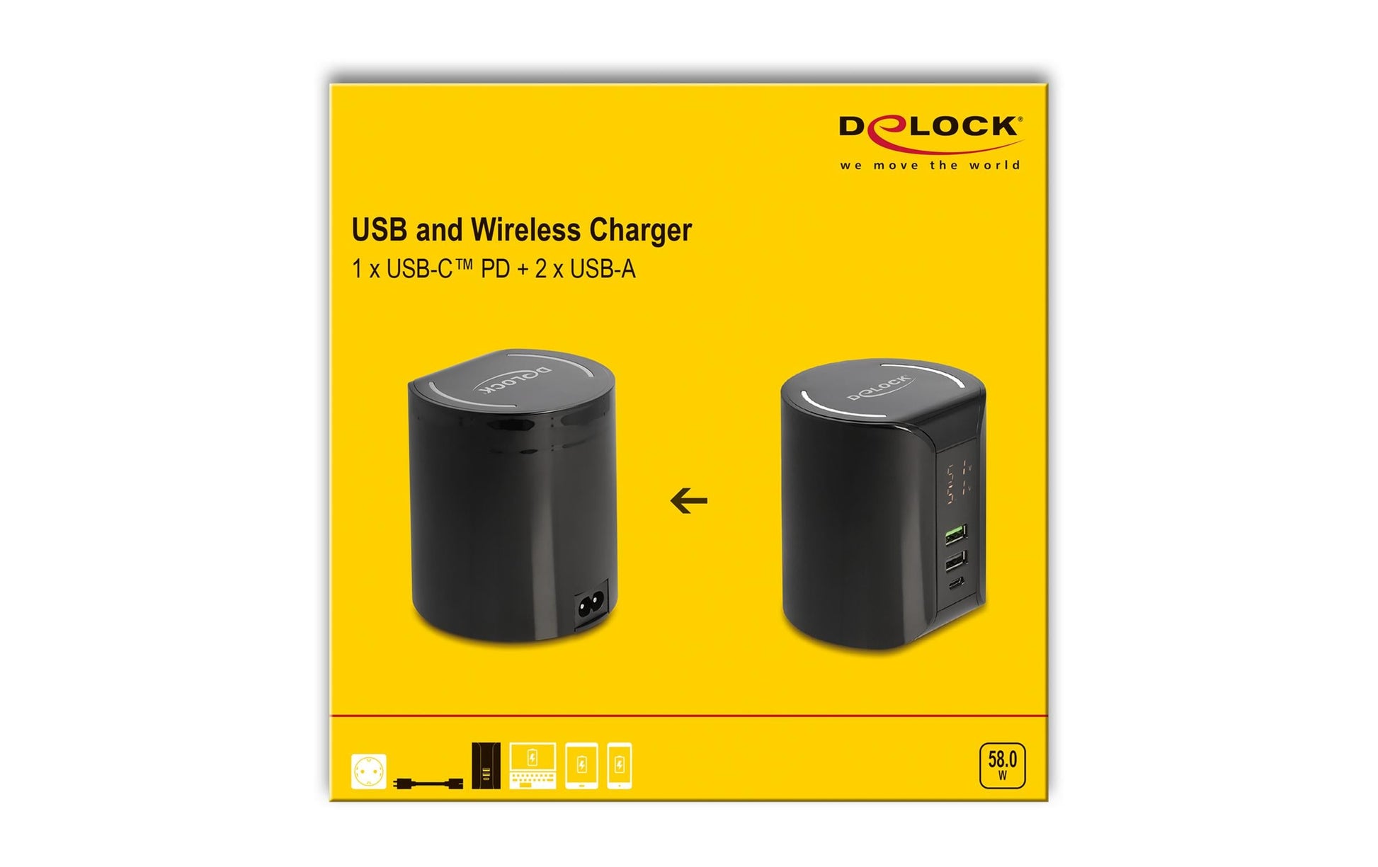 DeLOCK 41441 Ladestation – 58 W, 4× USB + kabellos – für universelle Geräte