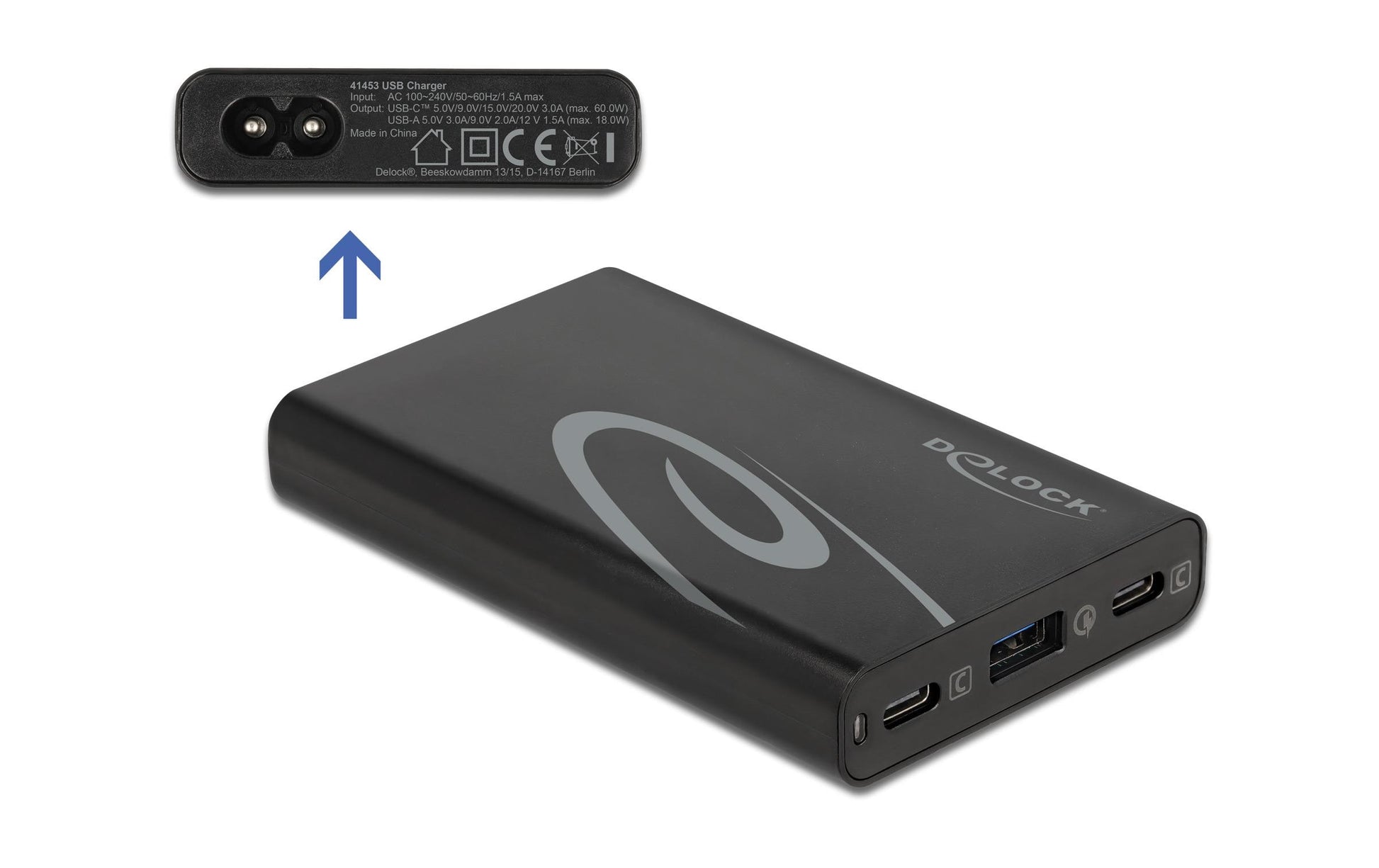 DeLOCK Ladegerät – 60 W, 2× USB-C + 1× USB-A, PD