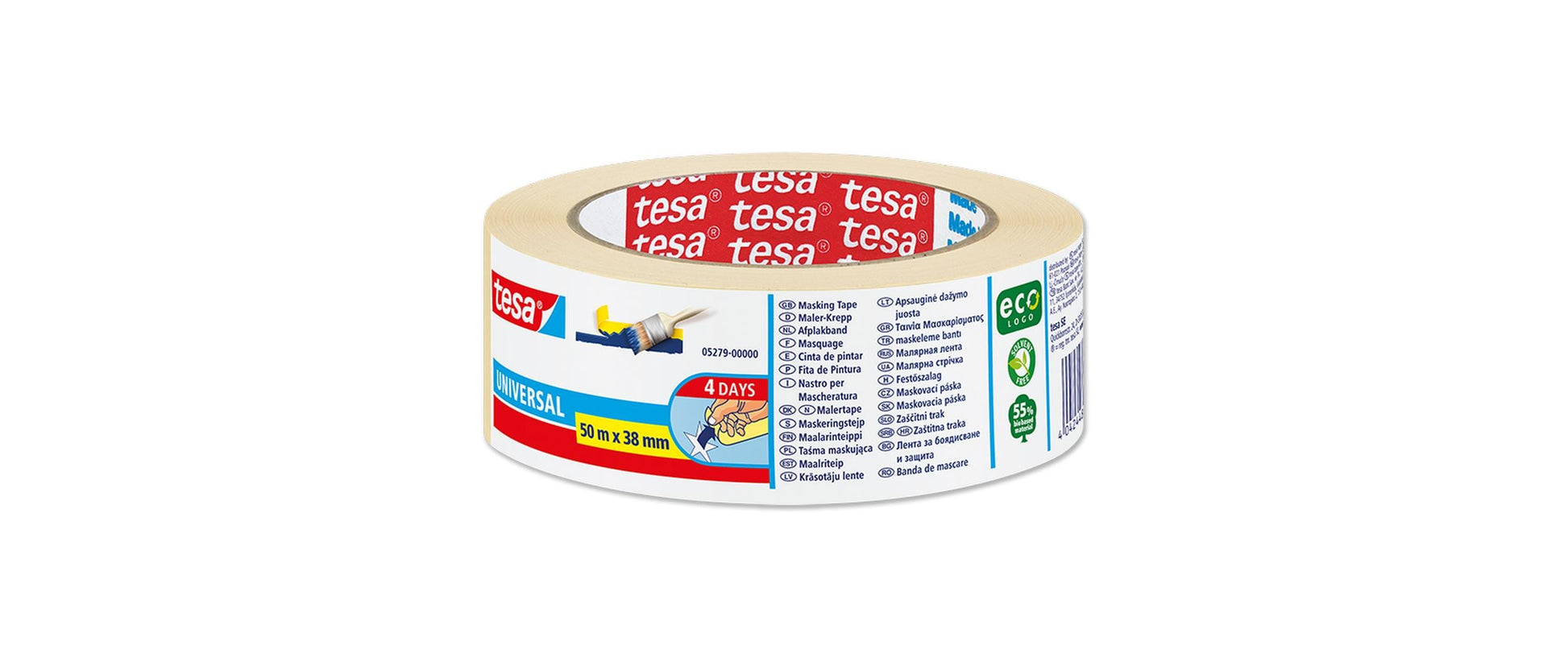 tesa Abdeckband – 38 mm × 50 m, beige, für den Innenbereich, Naturkautschuk, rückstandsfrei bis 4 Tage