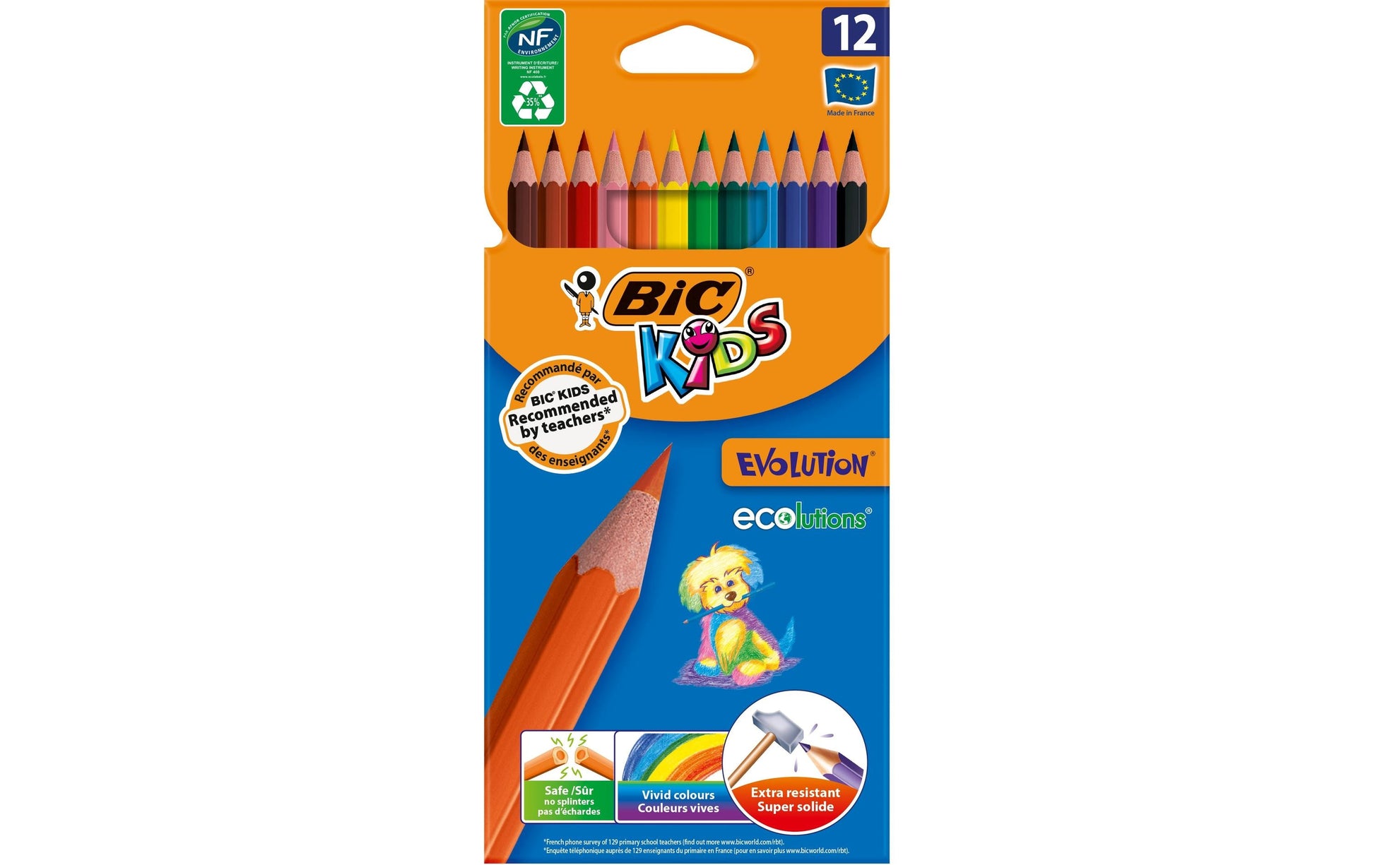BIC Farbstifte Evolution Kids – 12 Farben, im Kartonetui, Kunstharz, Ø 3,2 mm, NF Environment