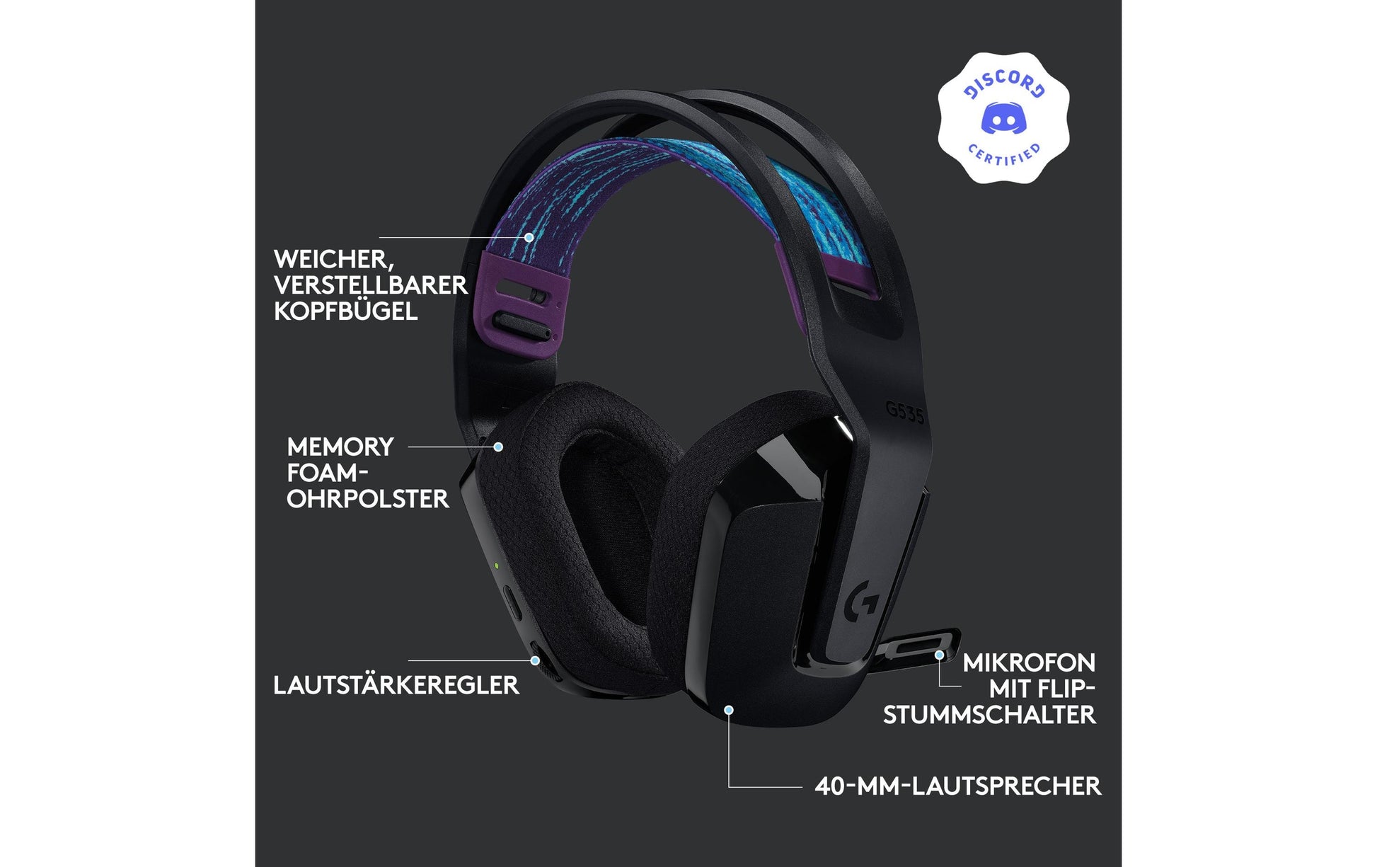 Logitech G G535 Gaming-Headset – Over-Ear, Stereo, BT, mit USB-A-Dongle, Schwarz