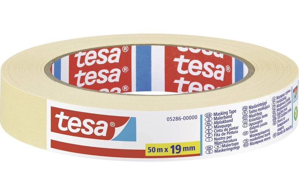 tesa Krepp-Abdeckband – 19 mm × 50 m, beige, für den Innenbereich, rückstandsfrei bis zu 3 Tagen