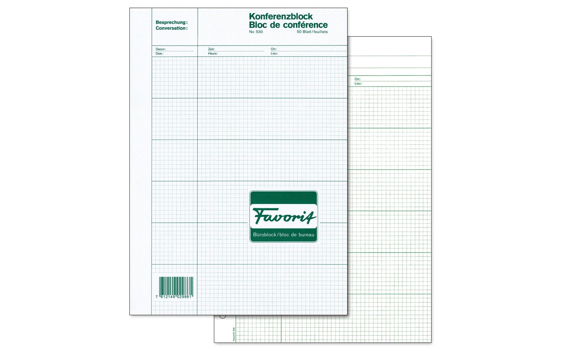 Favorit Notizblock – A4 – 4 mm kariert – 50 Blatt – gebunden, 4-fach gelocht, 6 Felder, beidseitig – weiss