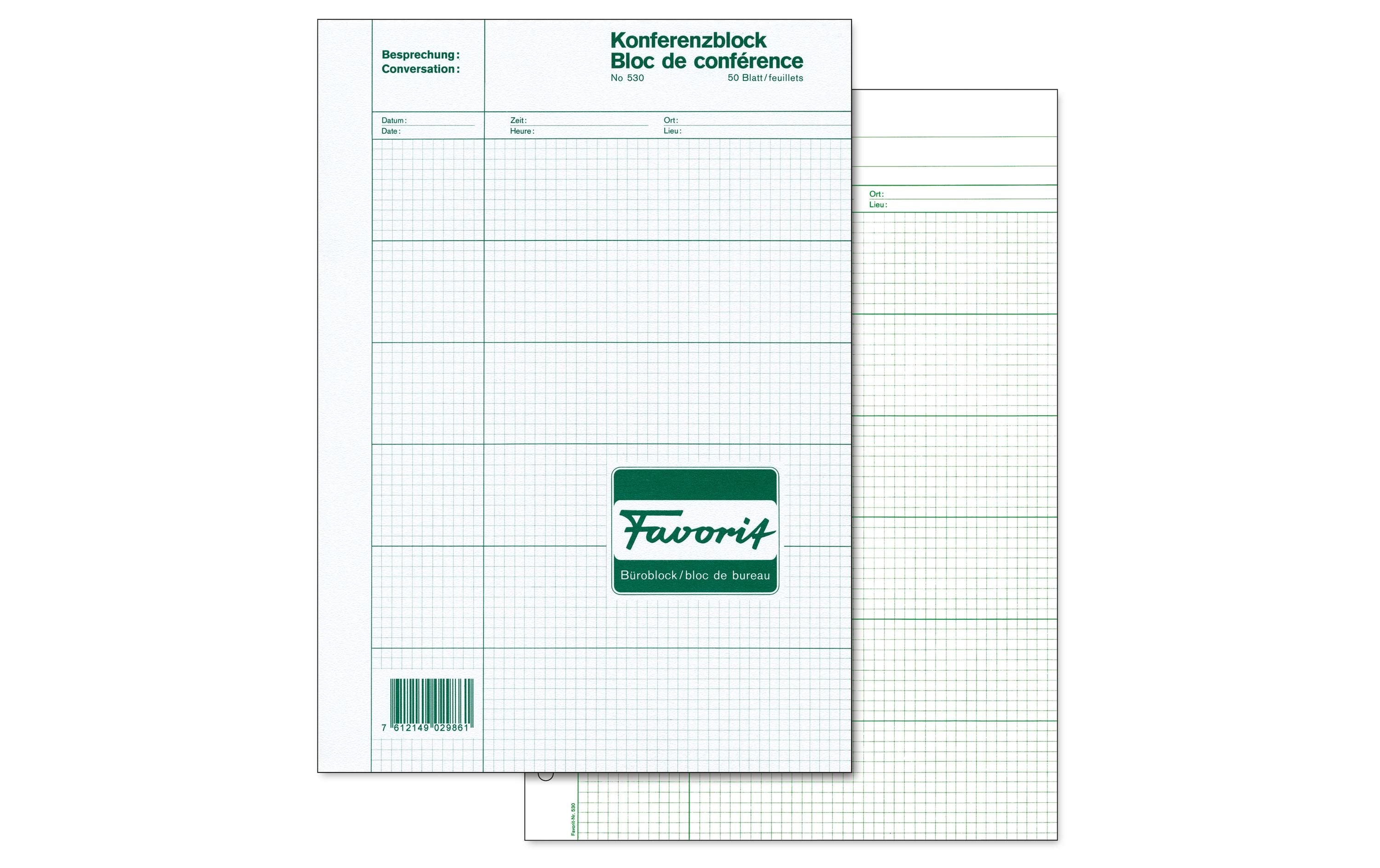 Favorit Notizblock – A4 – 4 mm kariert – 50 Blatt – gebunden, 4-fach gelocht, 6 Felder, beidseitig – weiss