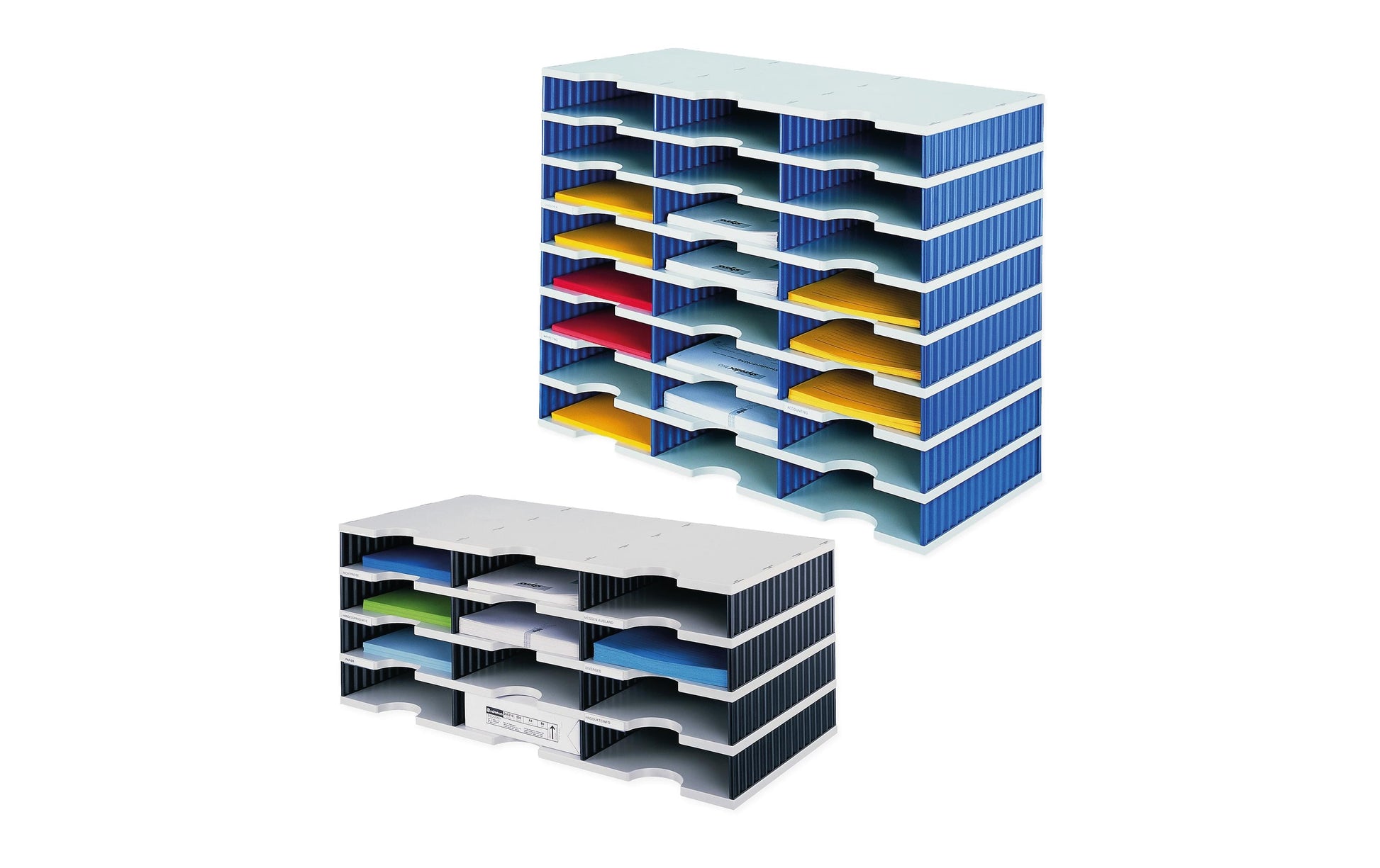 Styro Briefkorb – für C4, 24 Fächer, stapelbar, mit Griffausschnitt, blau/grau, B 723 × H 573 × T 331 mm