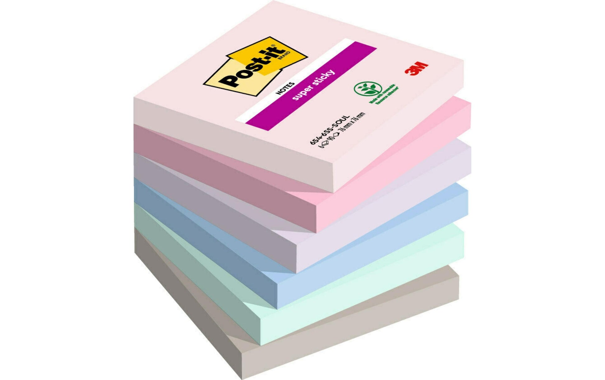 Post-it Haftnotizen Super Sticky – 76×76 mm – sortiert, 6×90 Blatt, PEFC