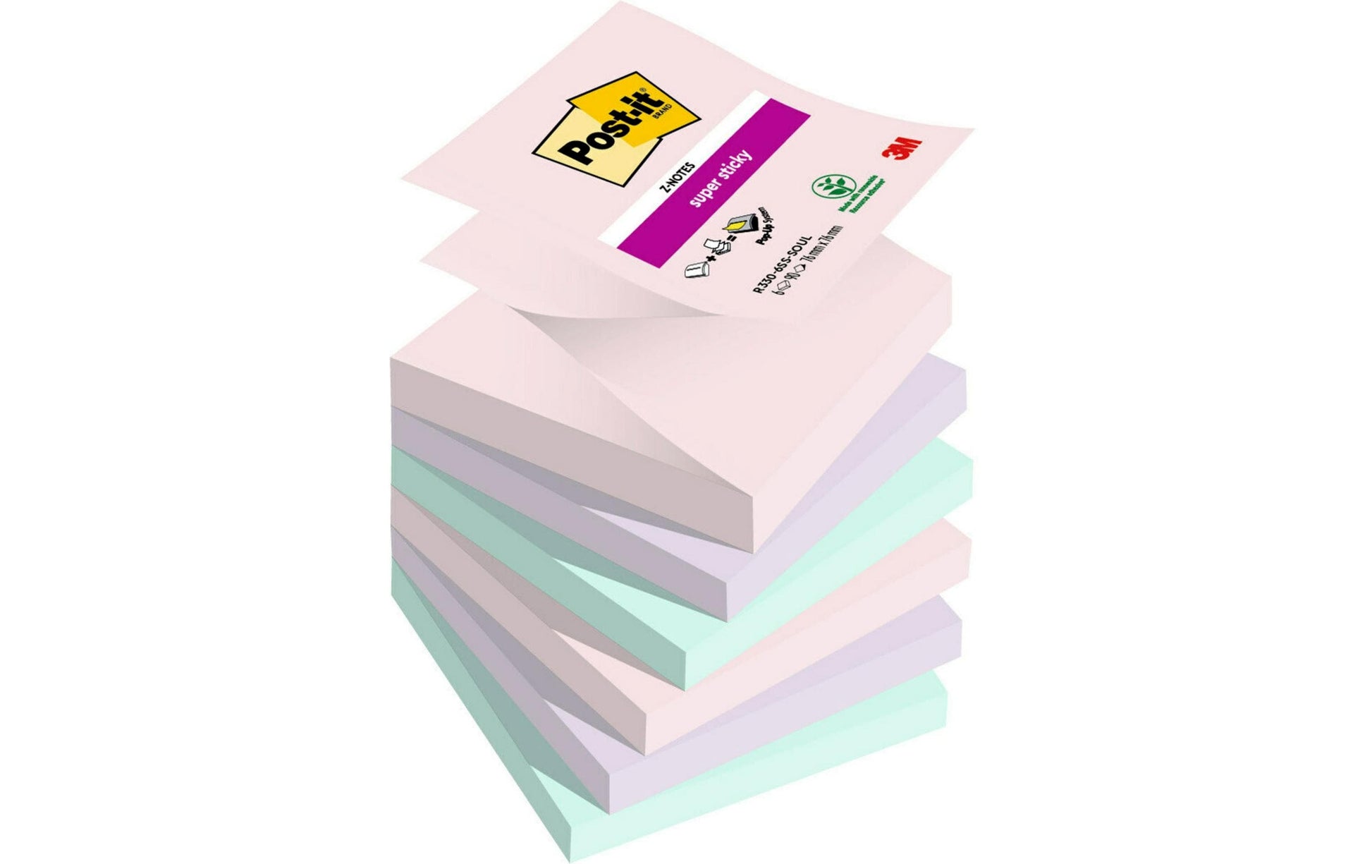 Post-it Super Sticky Haftnotizen – 76×76 mm – sortiert (rosa, flieder, mint), 6×90 Blatt, Z-Faltung, PEFC