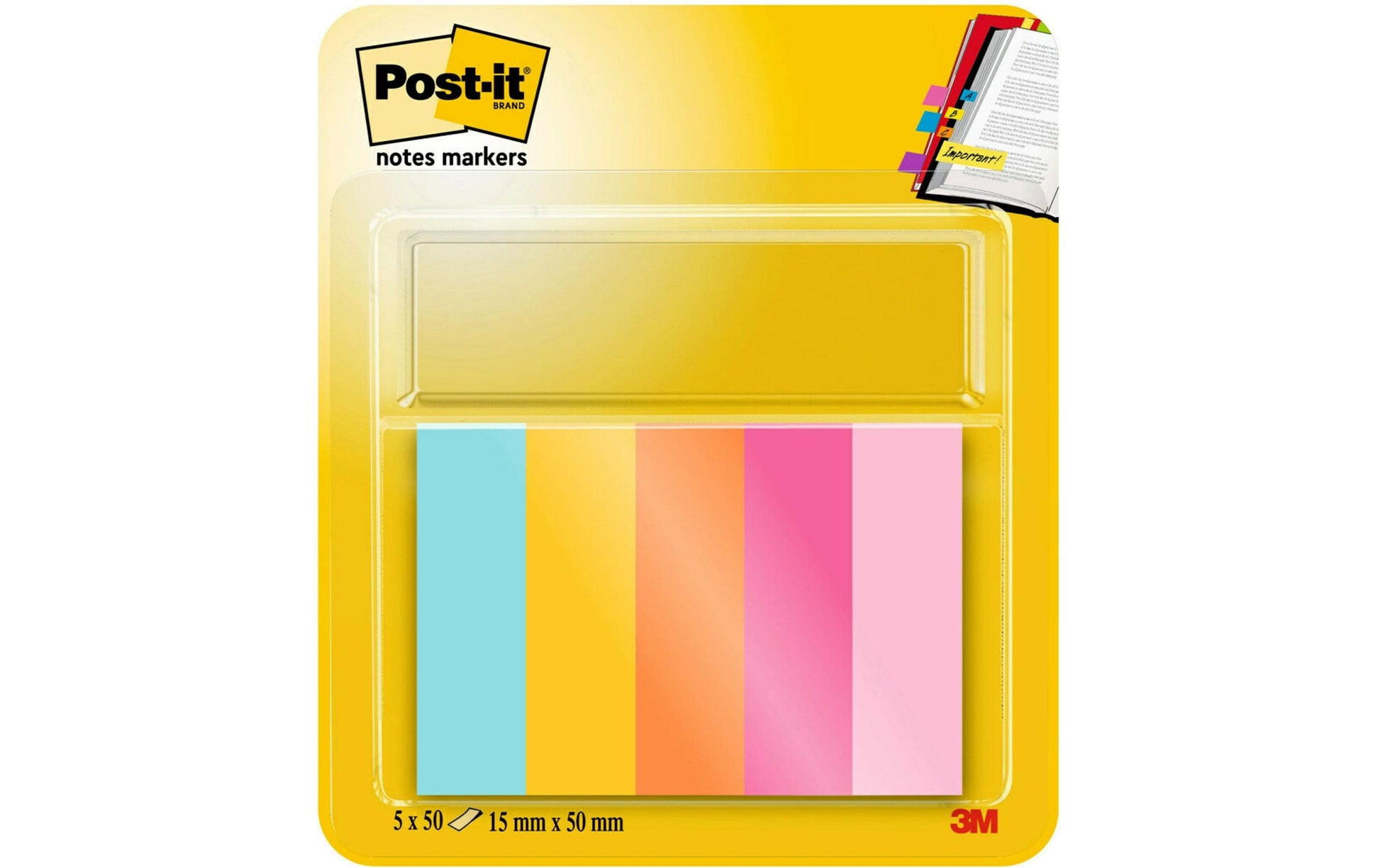 Post-it Markierstreifen/Index – 15 × 50 mm – sortiert, 50 Streifen/Block, 5er-Pack