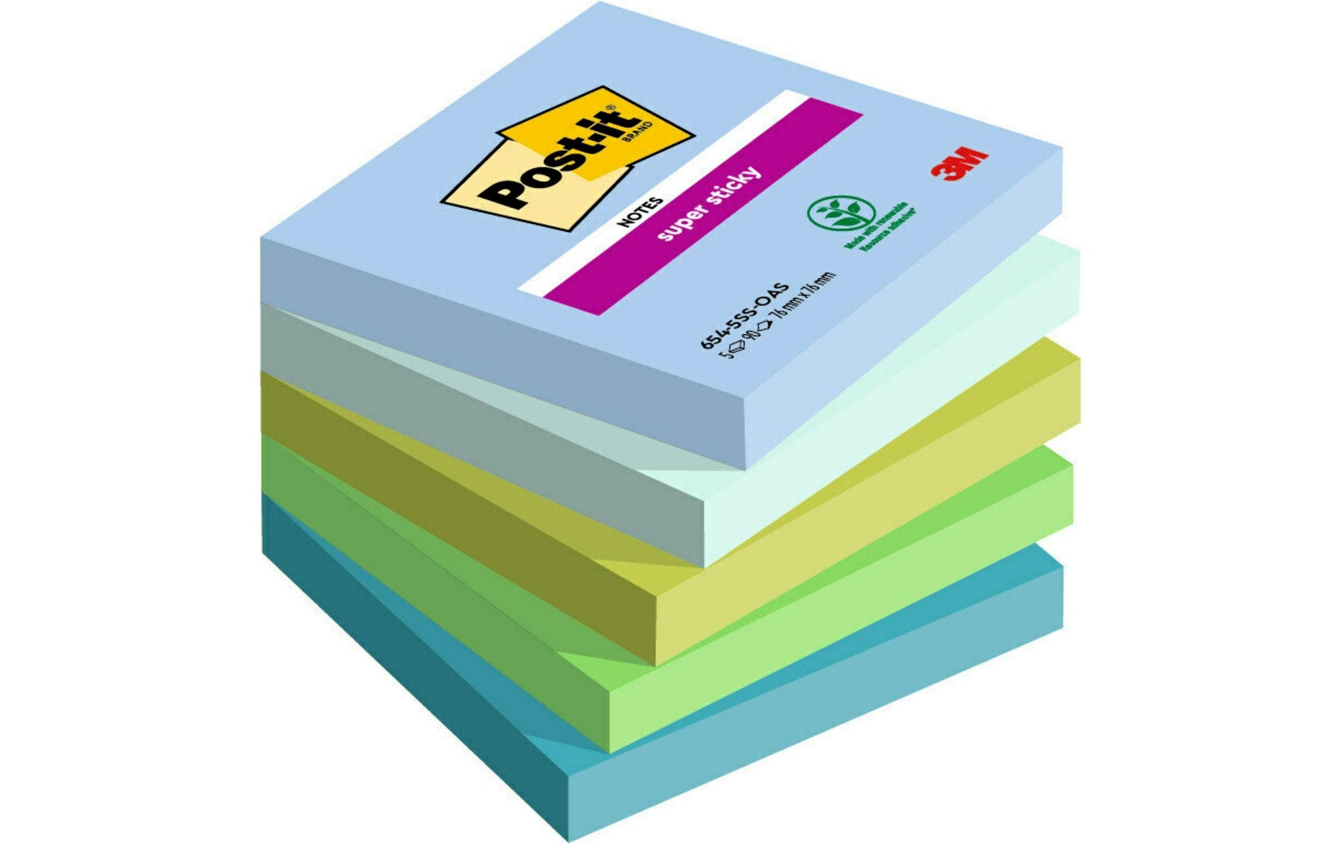 Post-it Super Sticky Haftnotizen – 76×76 mm – sortiert, 5×90 Blatt, PEFC