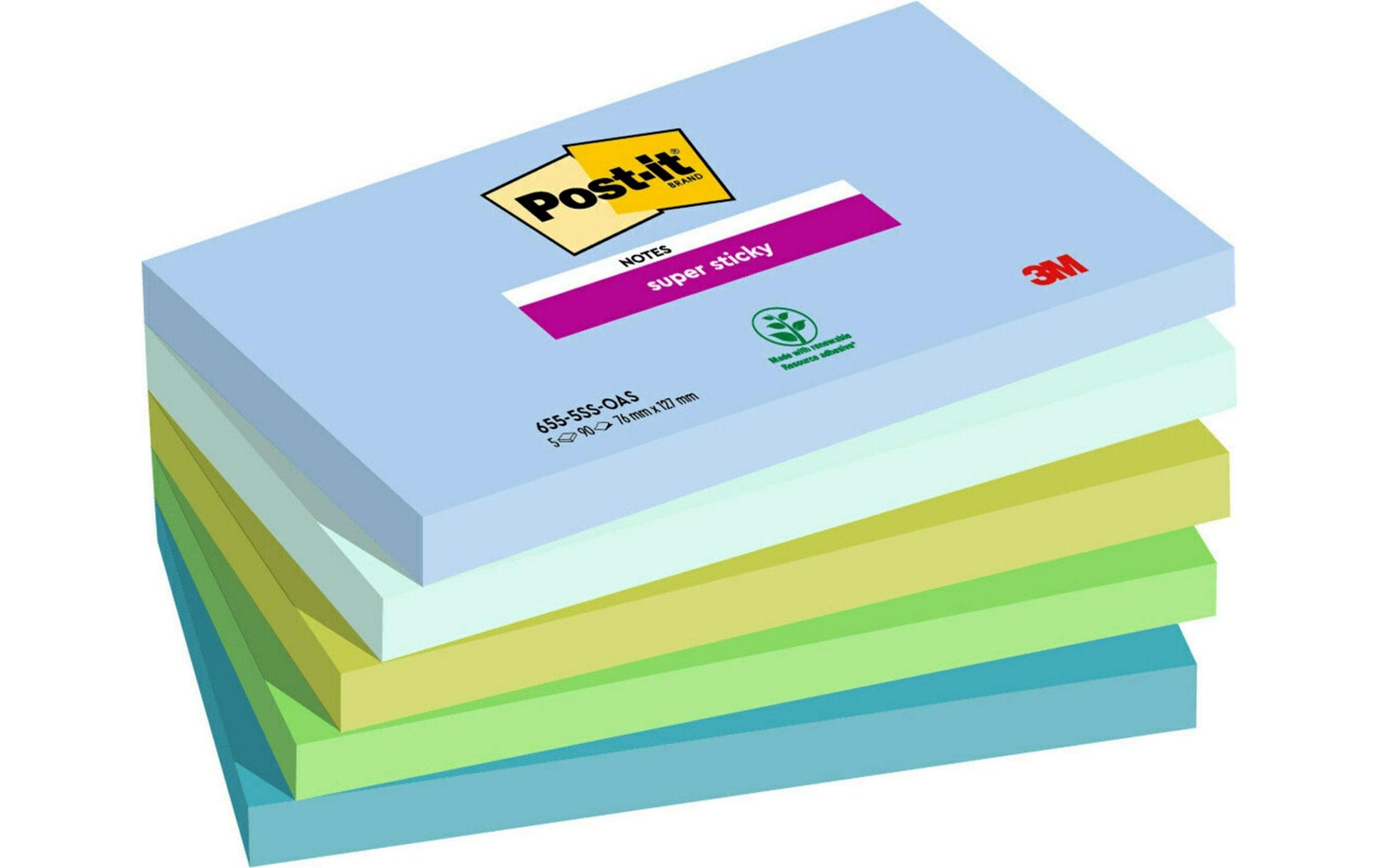 Post-it Super Sticky Haftnotizen – 127×76 mm – sortiert, 5×90 Blatt, PEFC