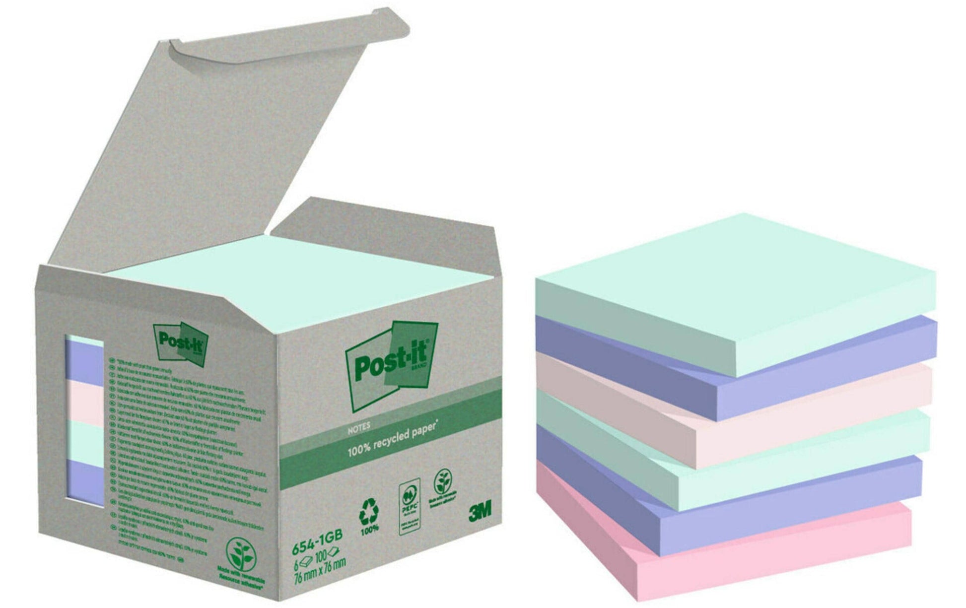Post-it Haftnotizen – 76×76 mm – sortiert, 6×100 Blatt, PEFC