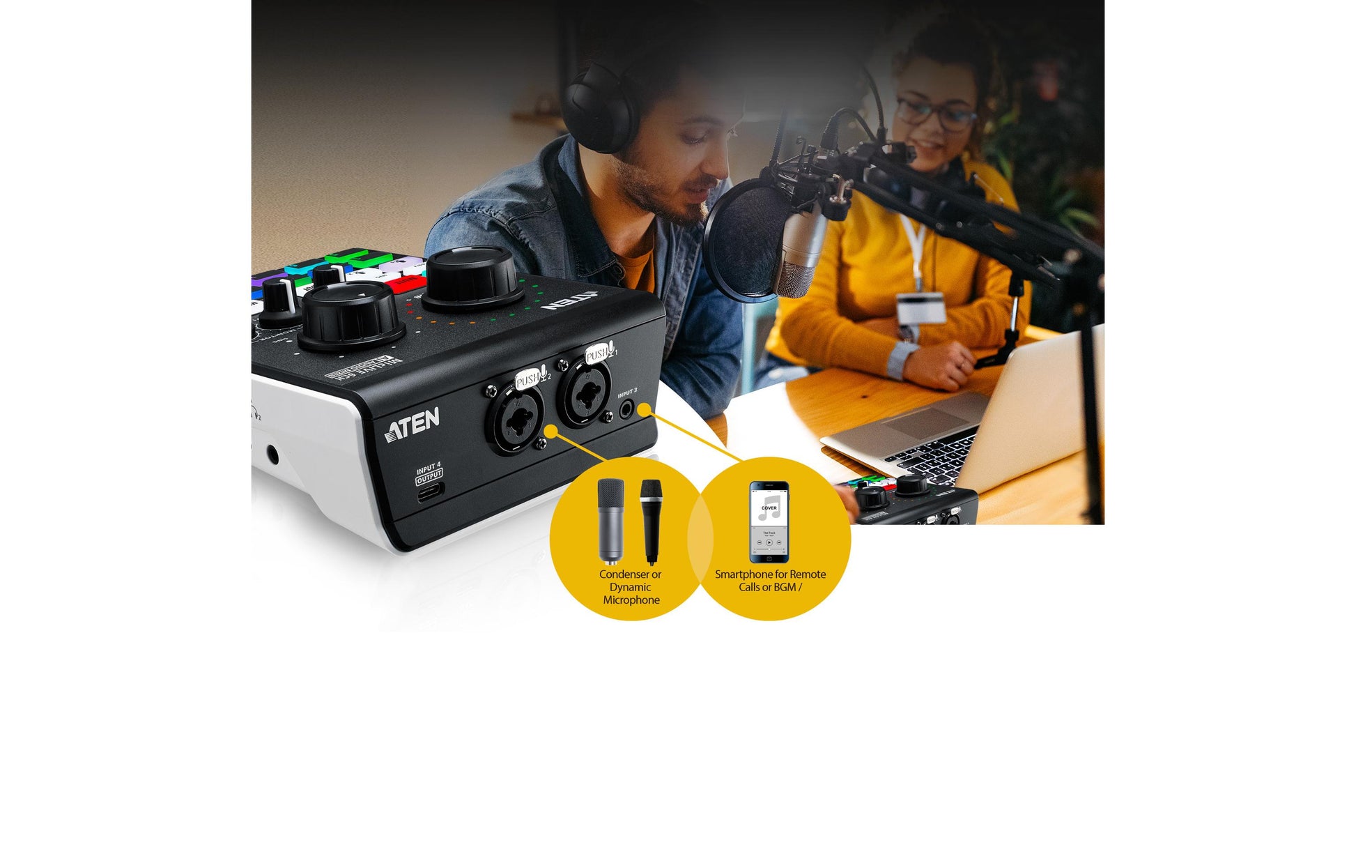 ATEN UC8000 MicLive – 6-Kanal Audio-Mixer, 24 Bit, 96 kHz, USB Typ-C, XLR, 3,5 mm Kopfhörer