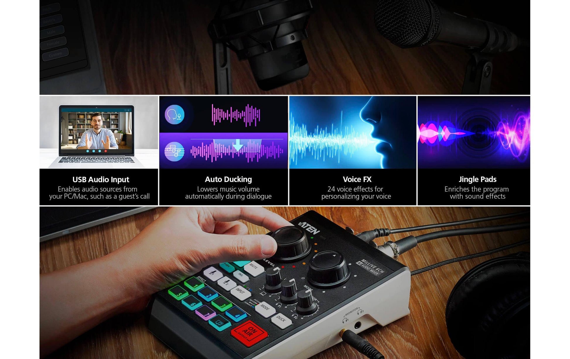 ATEN UC8000 MicLive – 6-Kanal Audio-Mixer, 24 Bit, 96 kHz, USB Typ-C, XLR, 3,5 mm Kopfhörer