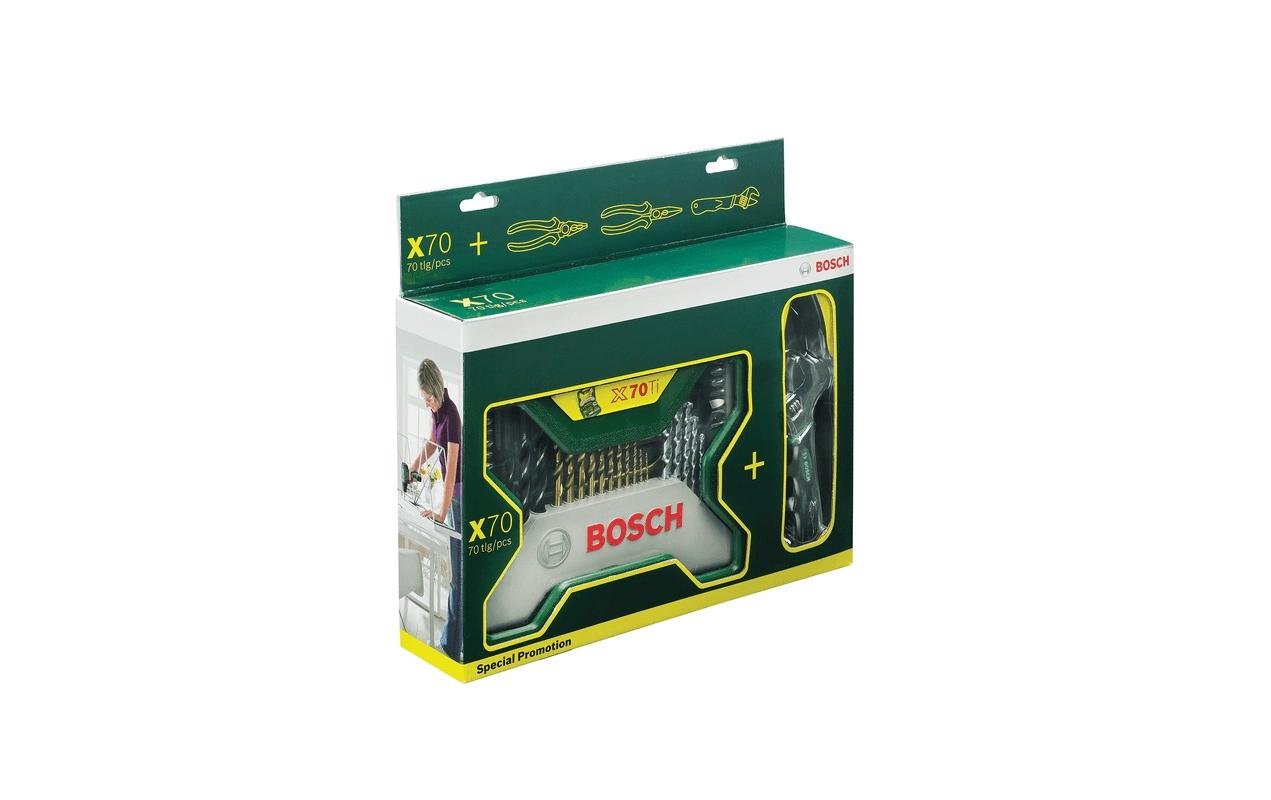 Bosch X-Line Bohr- & Bit-Set 70-tlg. – HSS-TiN – für Mauerwerk & Beton, Metall, Holz – mit Tragetasche