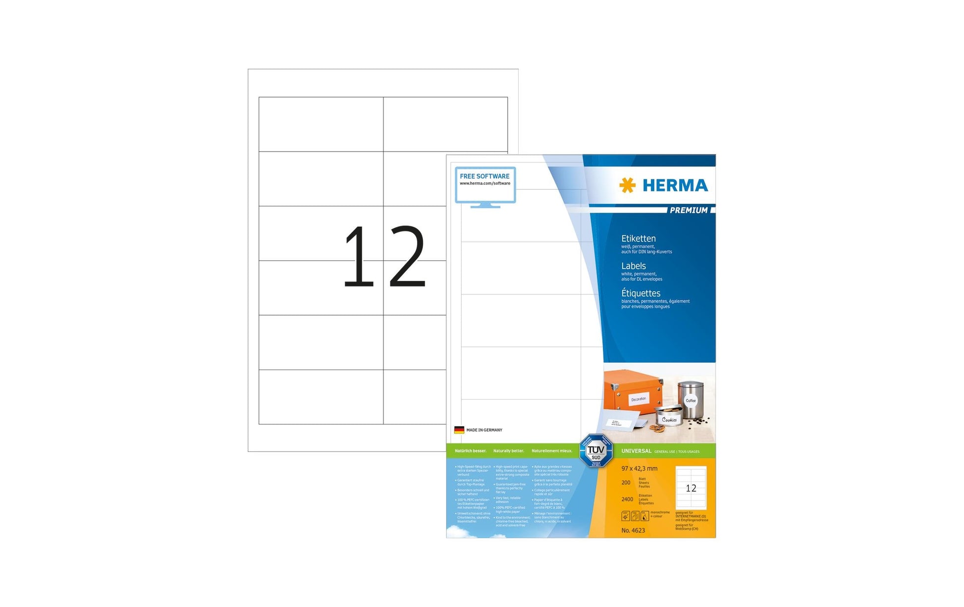 HERMA Druckeretiketten, 97 mm × 42 mm, weiss, Papier, permanent, 200 Blatt