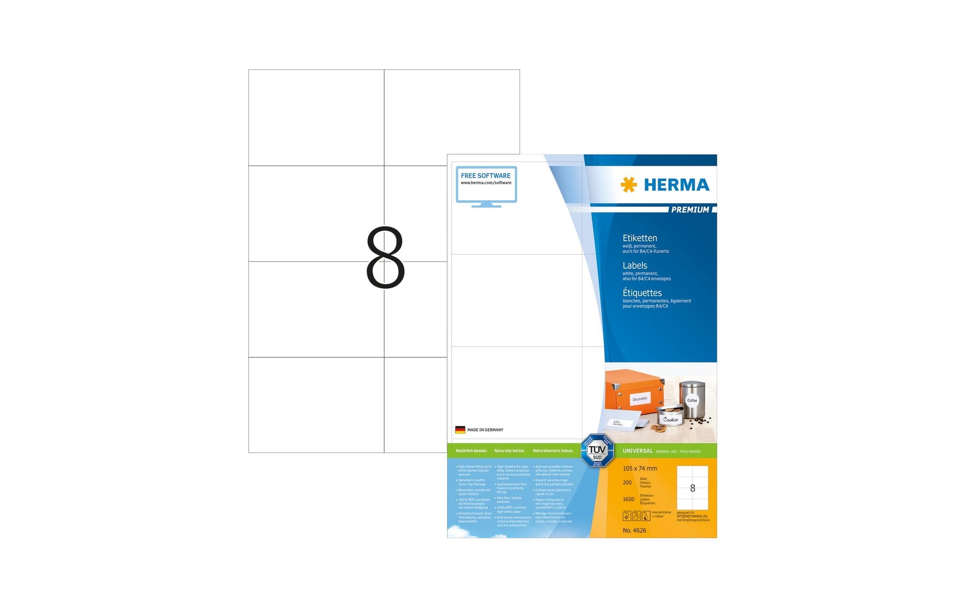 HERMA Druckeretiketten, 105 mm × 74 mm, weiss, Papier, permanent, 200 Blätter (1'600 Etiketten)